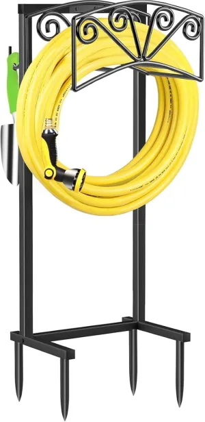 TomCare Garden Hose Holder Upgraded Heavy Duty Metal Water Hose Holder Holds 160 FT Hoses Sturdy Hose Reel with 2 Tool Hooks Freestanding Outdoor Hoses Storage Hanger for Outside Yard Lawn, Black