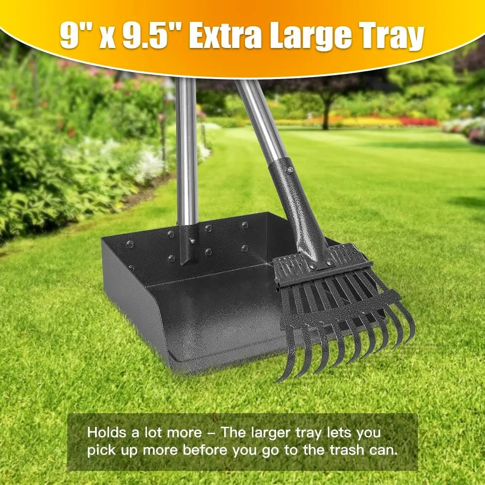 TOOGE Larger Pooper Scooper, Dog Pooper Scooper for Large Medium Small Dogs Heavy Duty Long Handle Metal Tray Rake Shovel Set for Yard Grass