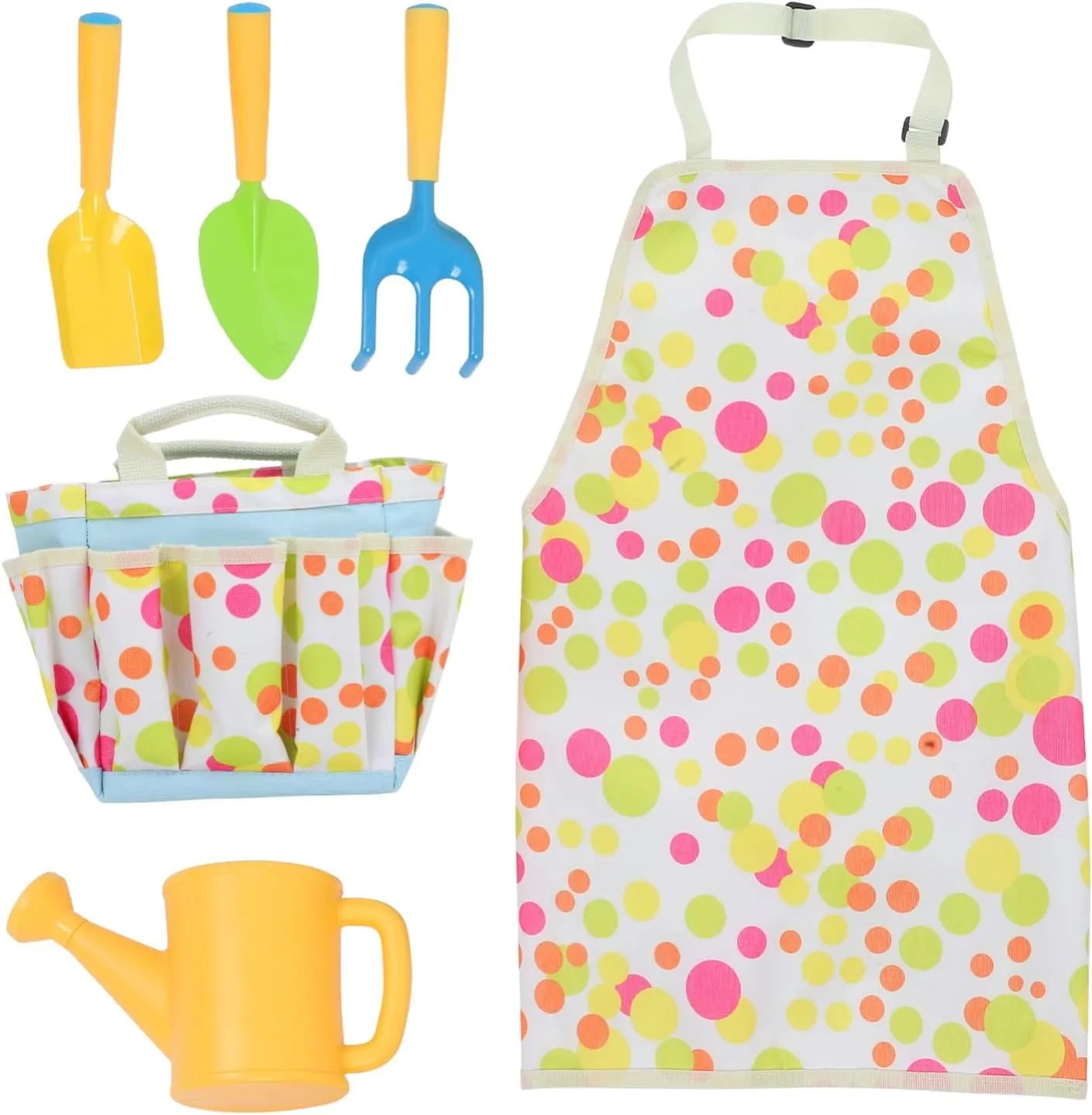 TOYANDONA Kids Gardening Set - 6pcs Garden Tool Kit for Kids and Toddlers with Shovel, Rake, Leaf Rake, Apron, Watering Can and Tote Bag, Summer Outdoor Yard Digging Toys for Boys Girls