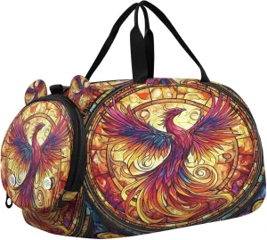 Travel Duffle Bag for Kids Boys Girls Phoenix Fire Stained Glass Boho Sports Bag Overnighter Duffle Sleepover Weekender with Shoes Compartment