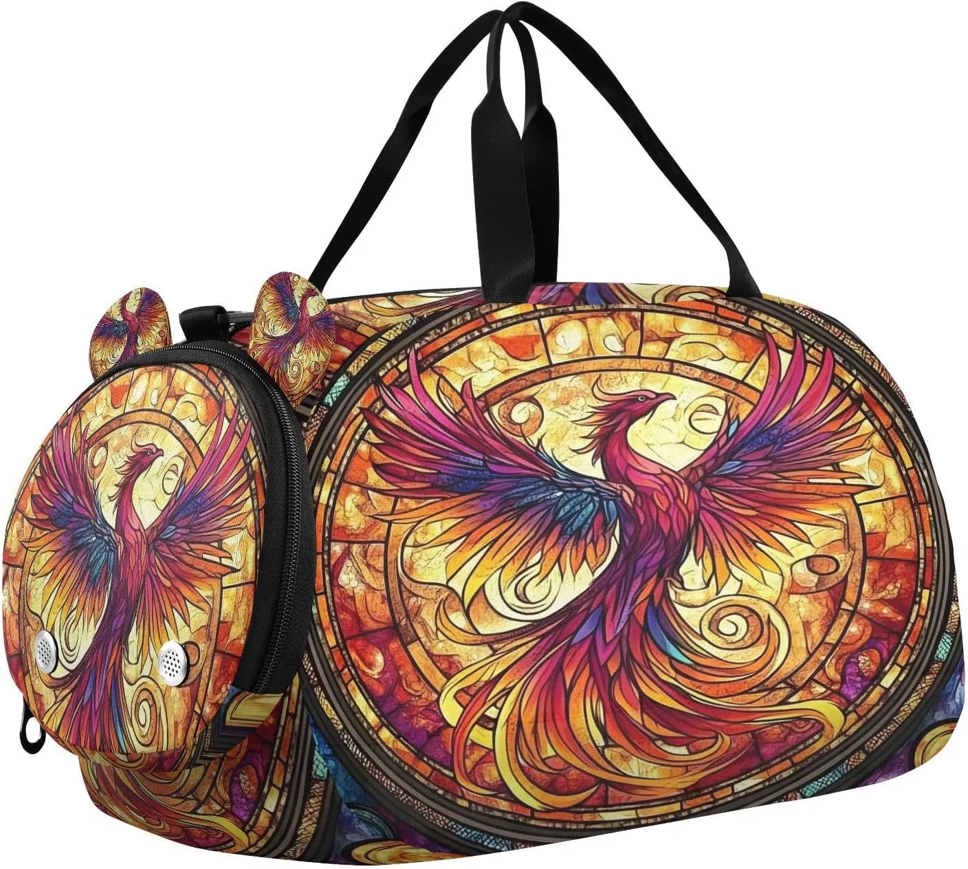 Travel Duffle Bag for Kids Boys Girls Phoenix Fire Stained Glass Boho Sports Bag Overnighter Duffle Sleepover Weekender with Shoes Compartment