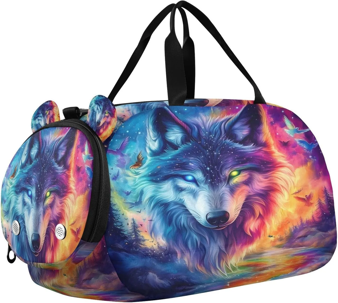 Travel Duffle Bag for Kids Boys Girls Wolf Galaxy Forest Fire Night Sports Bag Overnighter Duffle Sleepover Weekender with Shoes Compartment