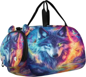 Travel Duffle Bag for Kids Boys Girls Wolf Galaxy Forest Fire Night Sports Bag Overnighter Duffle Sleepover Weekender with Shoes Compartment