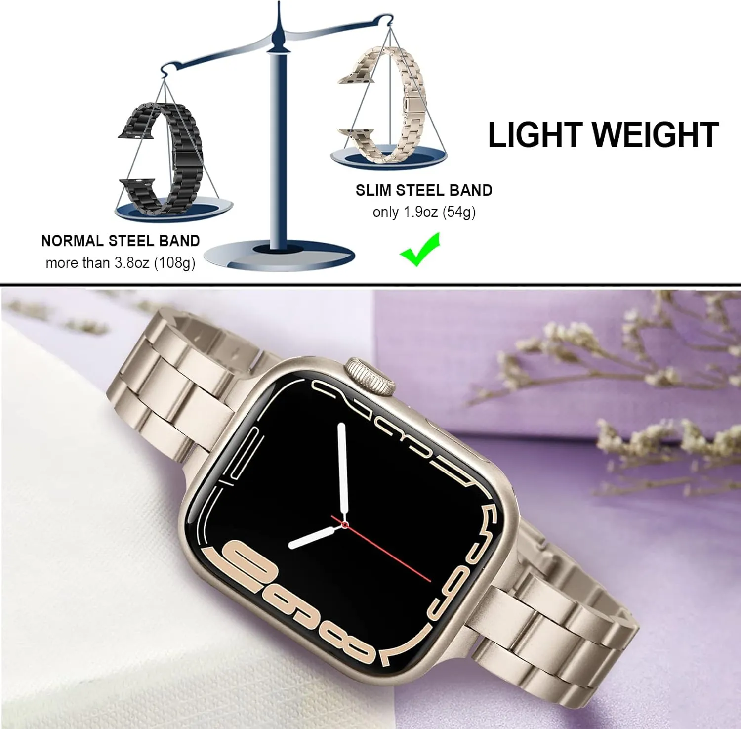 TRUMiRR Band for Apple Watch Series 10 42mm 46mm 9 8 7 41mm 45mm Starlight Women, Slim Stainless Steel Watchband Feminine Strap Replacement for iWatch Ultra SE Series 6 5 4 40mm 44mm