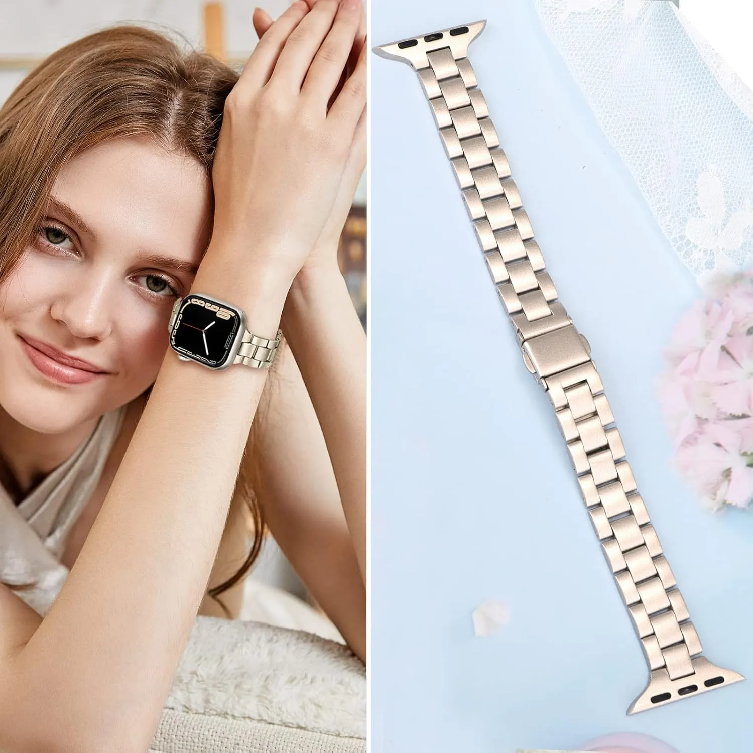 TRUMiRR Band for Apple Watch Series 10 42mm 46mm 9 8 7 41mm 45mm Starlight Women, Slim Stainless Steel Watchband Feminine Strap Replacement for iWatch Ultra SE Series 6 5 4 40mm 44mm