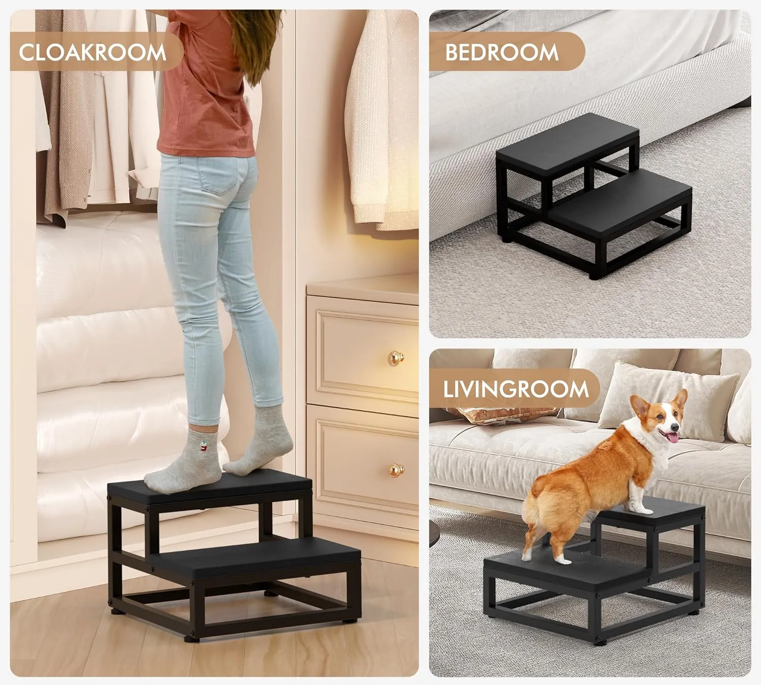 Two-Step Stool for Adults & Kids, Waterproof HDPE Bed Step with Adjustable Non-Slip Feet, Sturdy Metal Frame for Kitchen, Bathroom, Bedroom, RV & Outdoor Use, Black
