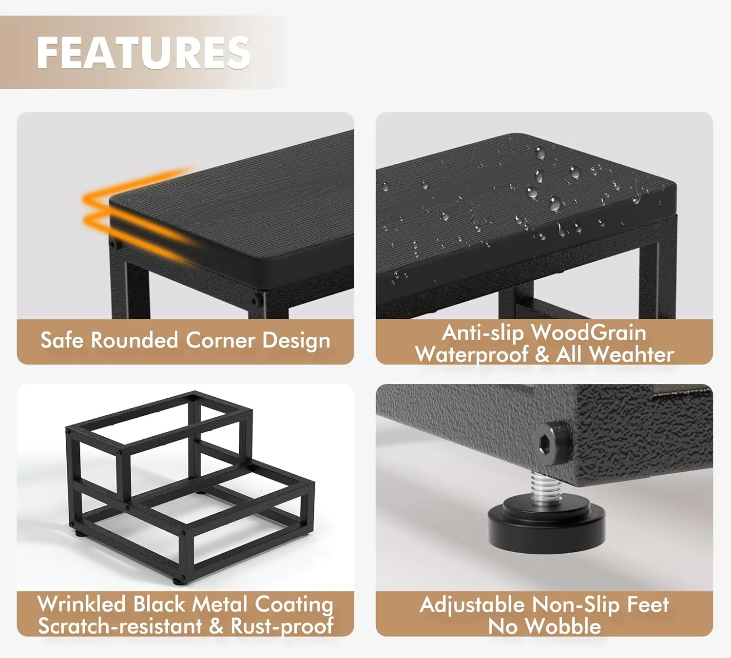 Two-Step Stool for Adults & Kids, Waterproof HDPE Bed Step with Adjustable Non-Slip Feet, Sturdy Metal Frame for Kitchen, Bathroom, Bedroom, RV & Outdoor Use, Black