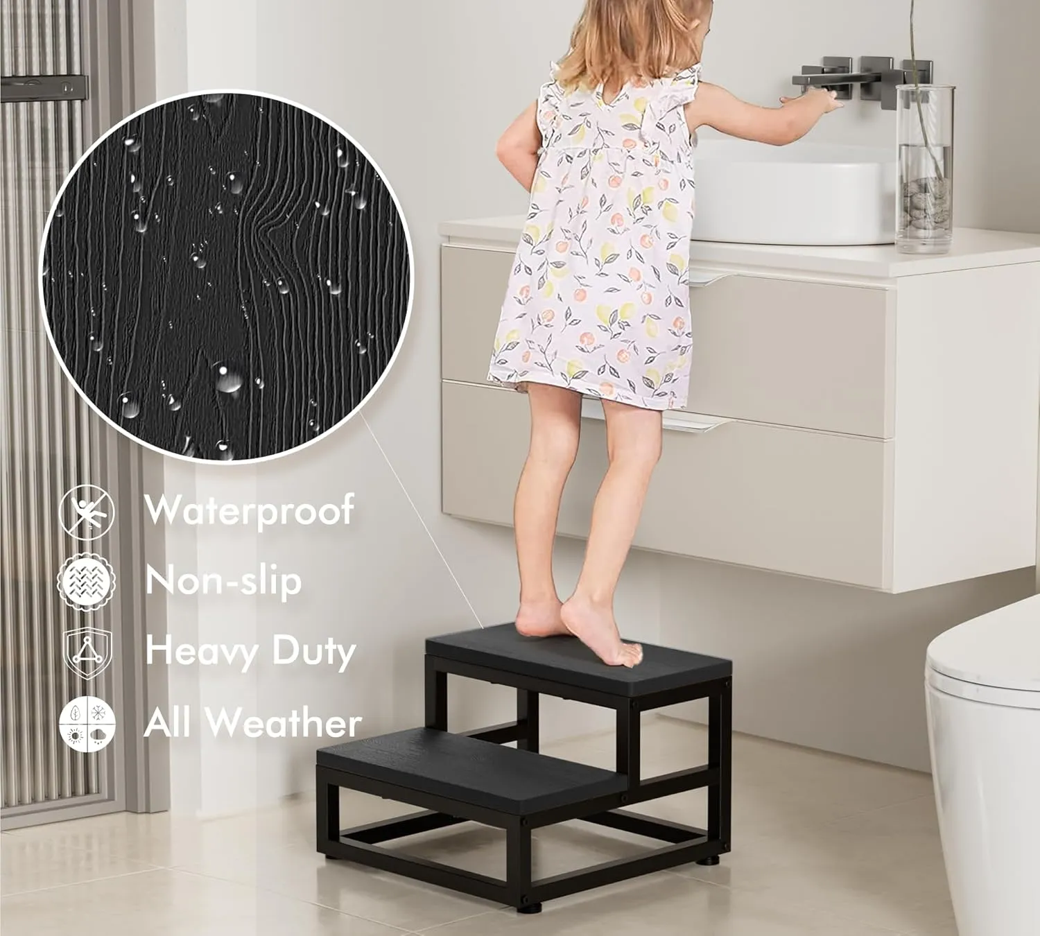 Two-Step Stool for Adults & Kids, Waterproof HDPE Bed Step with Adjustable Non-Slip Feet, Sturdy Metal Frame for Kitchen, Bathroom, Bedroom, RV & Outdoor Use, Black