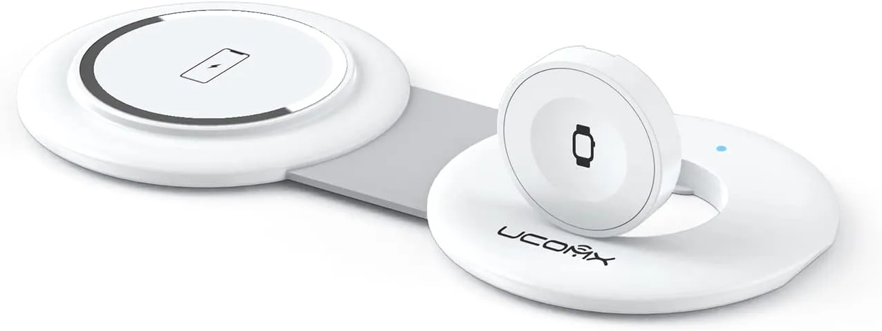 UCOMX Nano Mini Magnetic 2 in 1 Wireless Charger,Traveler Wireless Folding Charging Station,Compatible for iPhone 12/13/14/15/16 Pro Max,AirPods Pro,iWatch Ultra,Travel Charger for Multple Devices