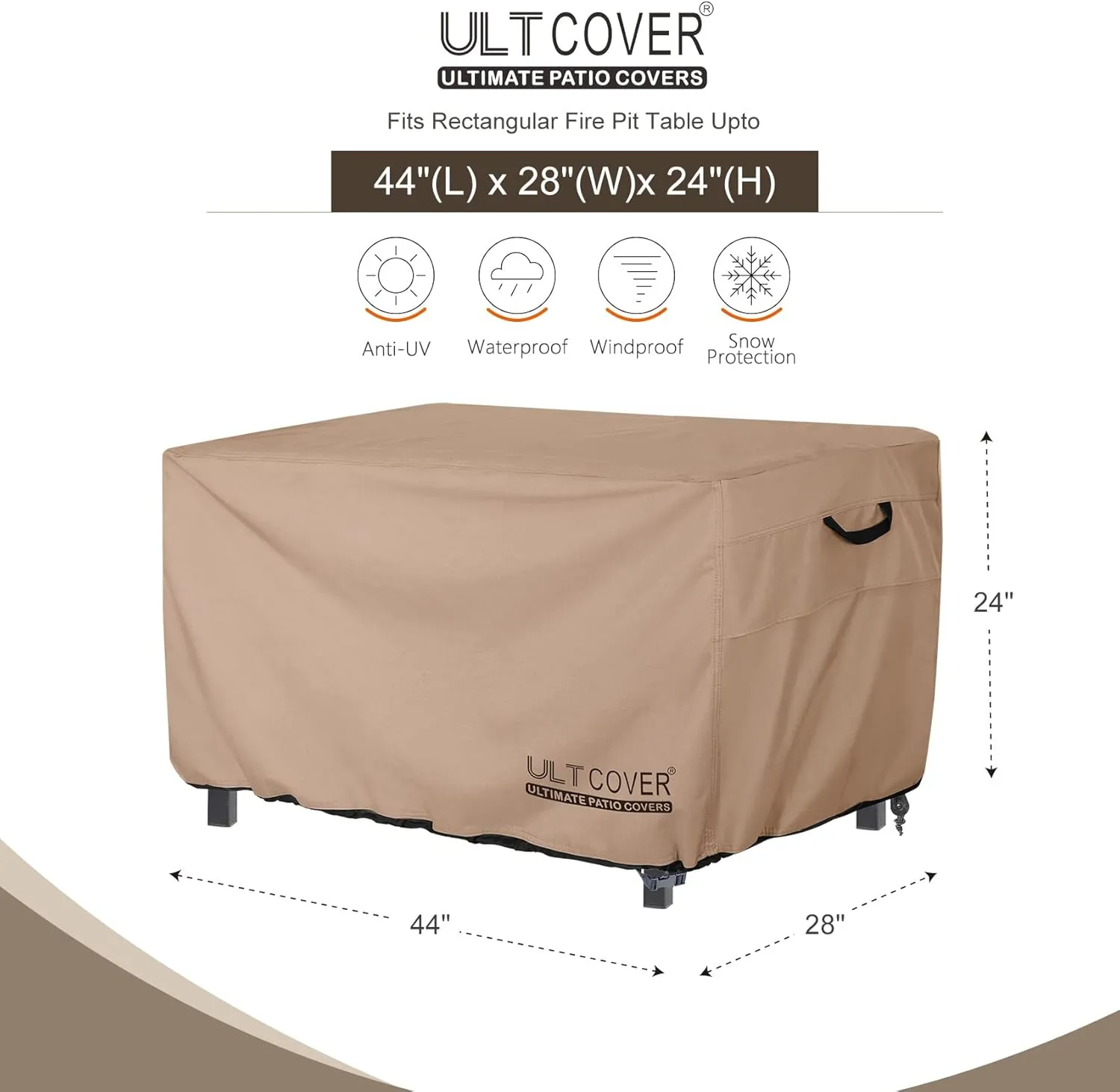ULTCOVER Rectangular Gas Fire Pit Table Cover 44x28 inch Waterproof Heavy Duty Firepit Cover