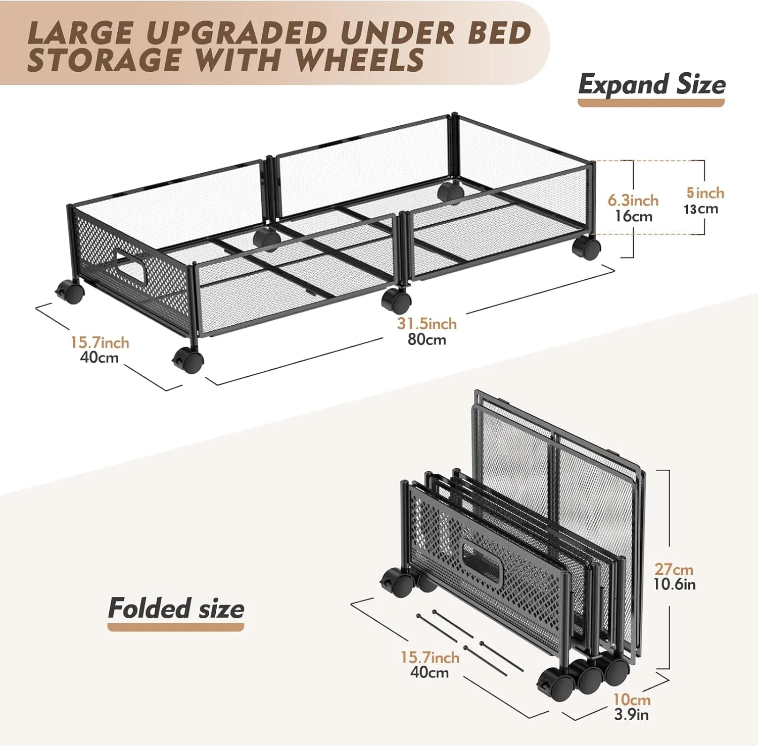 Under Bed Storage with Wheels, Large Rolling Underbed Storage, Underbed Drawer on Wheels, Tool-free Assembly Shoes Metal Under Bed Drawers Organizer Container for Bedroom Clothes Toys(2pcs,31.5 in)
