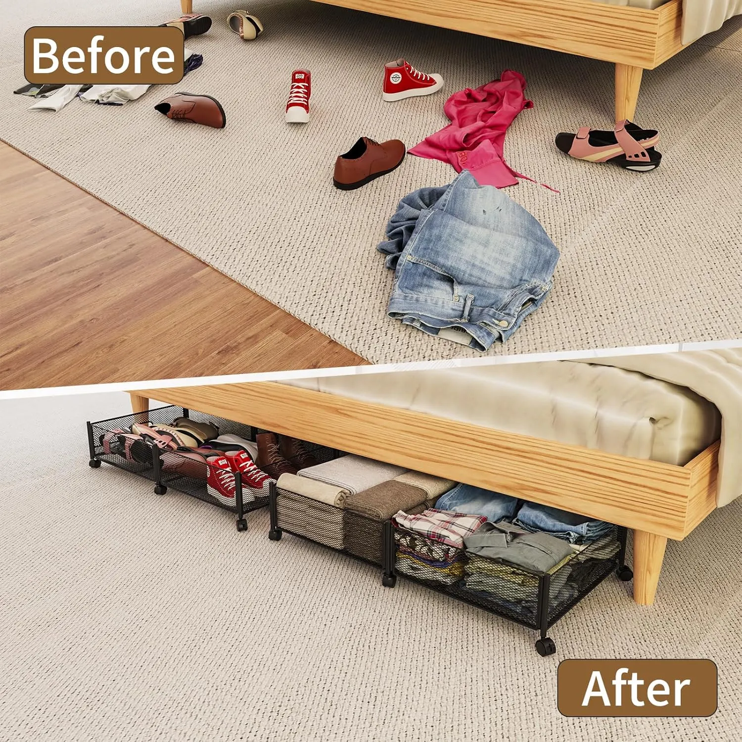 Under Bed Storage with Wheels, Large Rolling Underbed Storage, Underbed Drawer on Wheels, Tool-free Assembly Shoes Metal Under Bed Drawers Organizer Container for Bedroom Clothes Toys(2pcs,31.5 in)