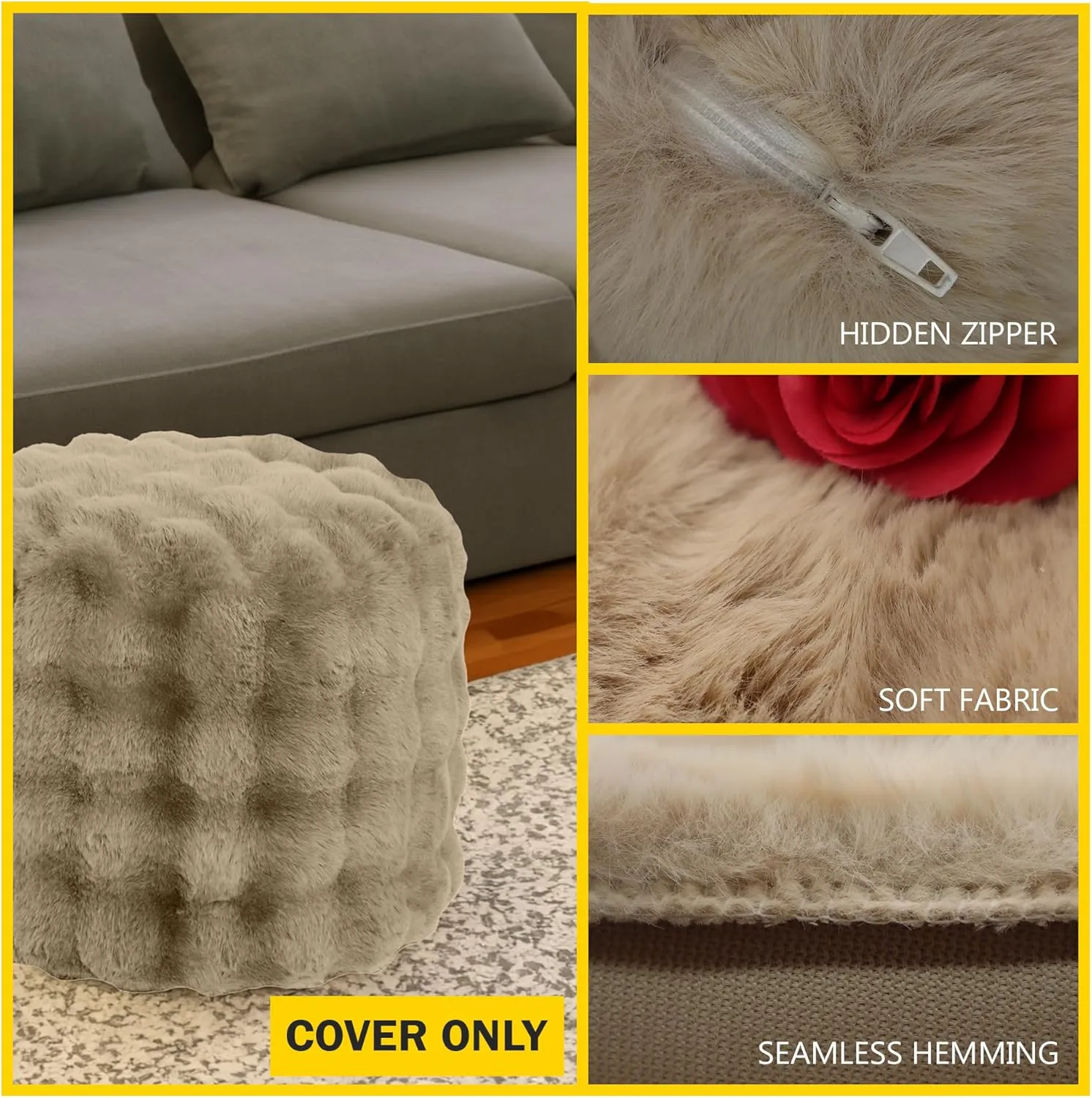 Unstuffed Faux Fur Pouf Cover - Plush Cozy Ottoman Cover ONLY, Stuffed Animal Organizer Cat Bed Storage Multi Purpose Modern Home Shoe Stool Foot Rest (Khaki)