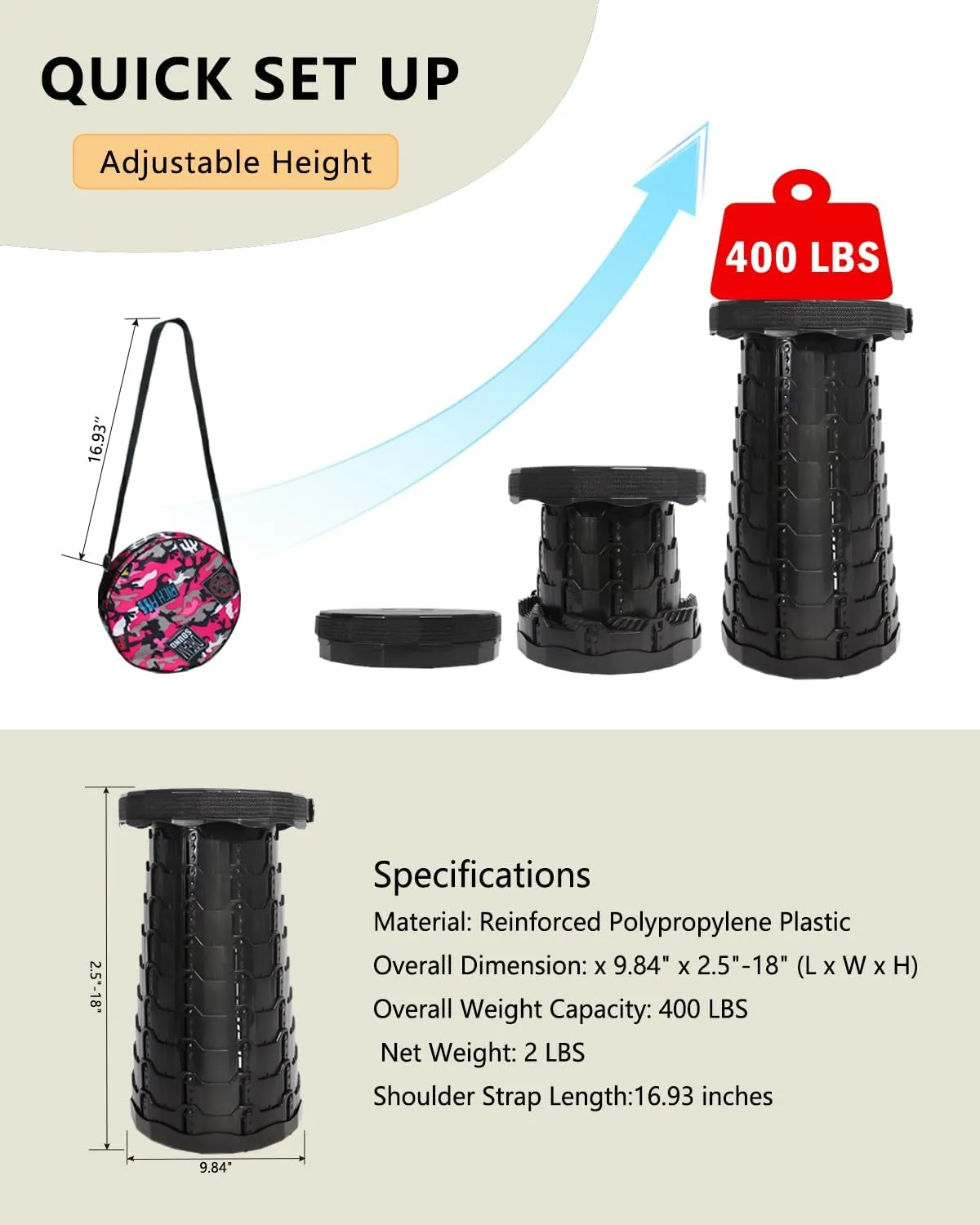 Upgrade Collapsible Stool, Thickened Foldable Stool, Portable Folding Seat, Adjustable Height Retractable Stools for Fishing, Hiking, Camping, BBQ, Parties, Outdoor Activities, Black