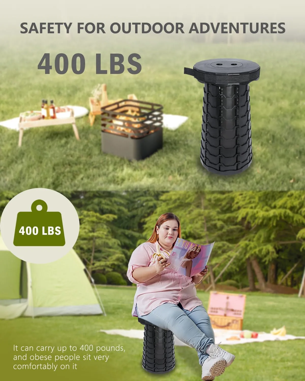 Upgrade Collapsible Stool, Thickened Foldable Stool, Portable Folding Seat, Adjustable Height Retractable Stools for Fishing, Hiking, Camping, BBQ, Parties, Outdoor Activities, Black