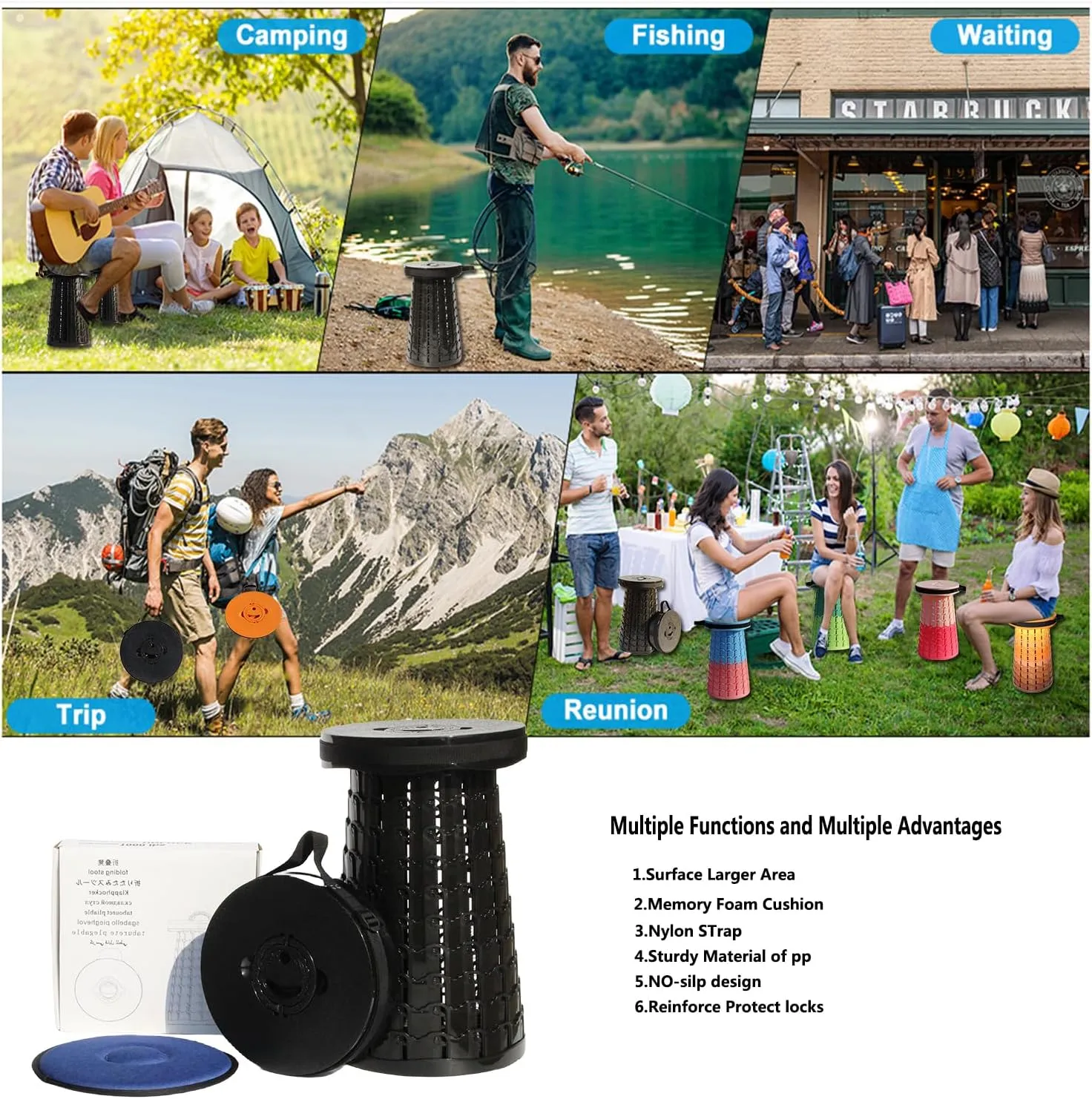 Upgraded 19.7"Portable Collapsible Folding Stool with Cushion Retractable Telescoping Foldable Stool for Adults Heavy Duty Camping Sturdy with Max Load Capacity 1000lbs for Outdoor Fishing Hiking BBQ