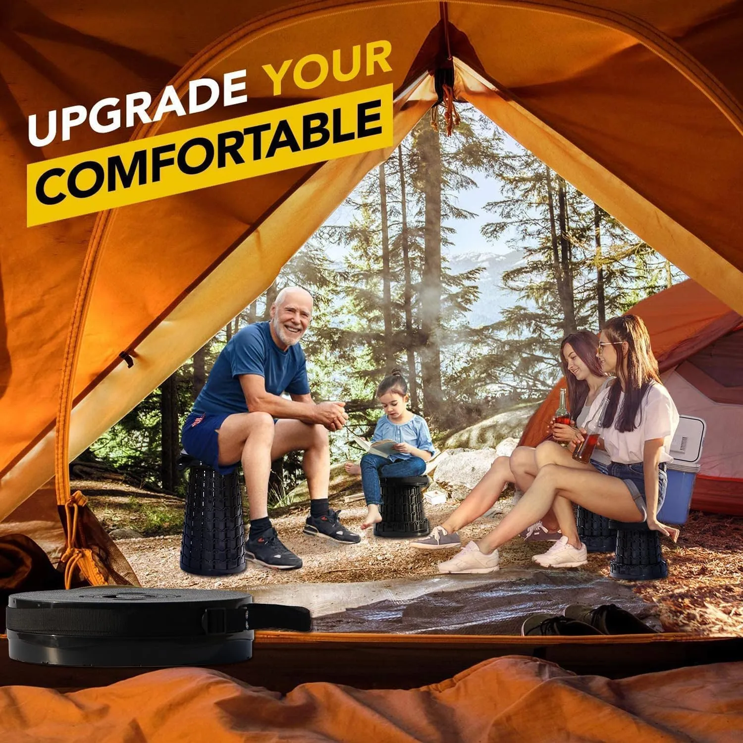 Upgraded 19.7"Portable Collapsible Folding Stool with Cushion Retractable Telescoping Foldable Stool for Adults Heavy Duty Camping Sturdy with Max Load Capacity 1000lbs for Outdoor Fishing Hiking BBQ