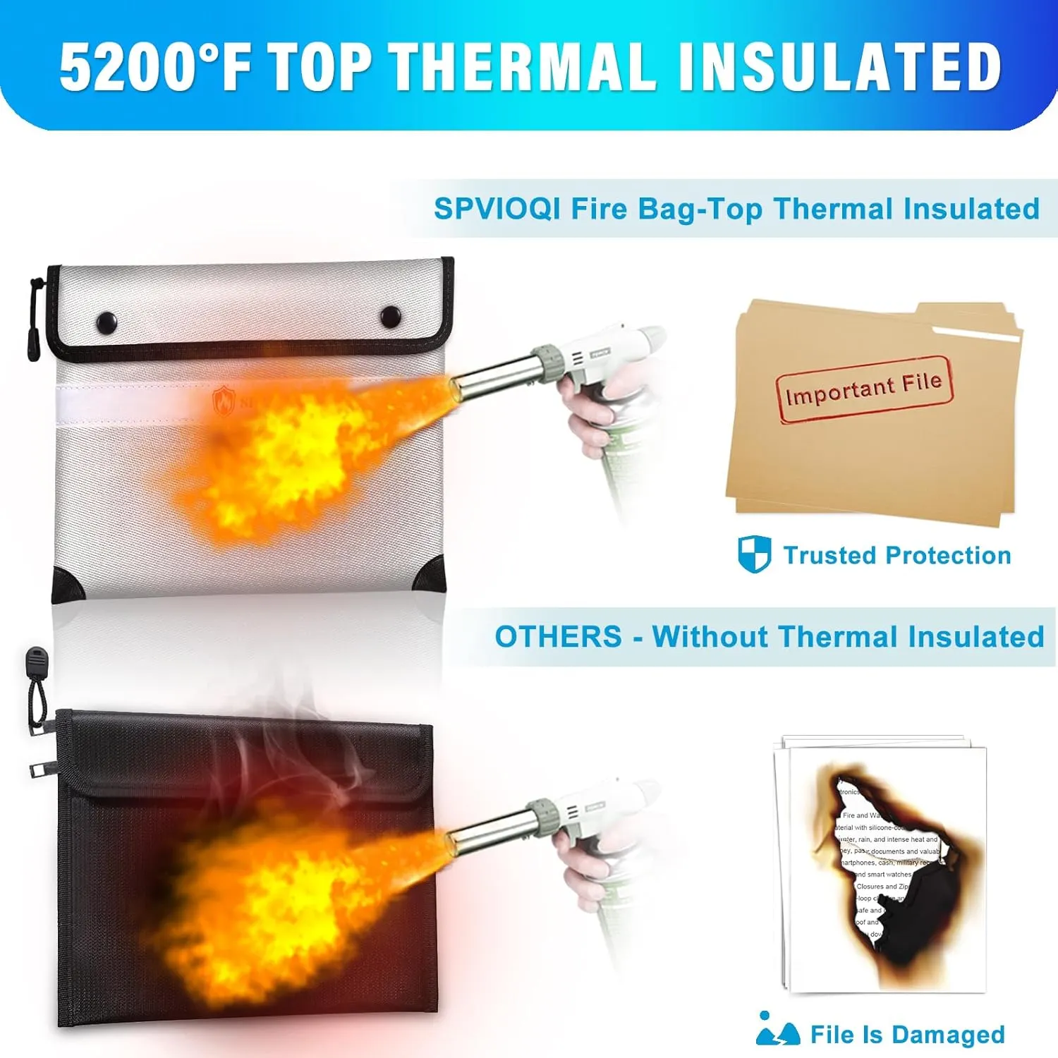 Upgraded 5200°F Fireproof Document Bag with Heat Insulated, Water Fire Proof Bag with Zipper,8 Layers of Functional Materials and Reflective Strip, Fireproof Money Bag for Cash/Documents/Valuables