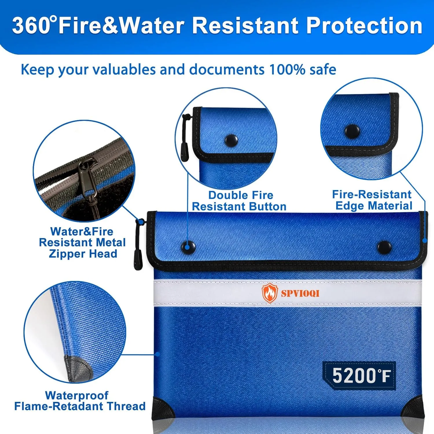 Upgraded Fireproof Document Bag - 5200F Heat Insulated, 14.2"x11" Fireproof Money Bag with 8 Layers of Functional Materials, Water & Fire Proof with Zipper/Metal Snap/Reflective Strip