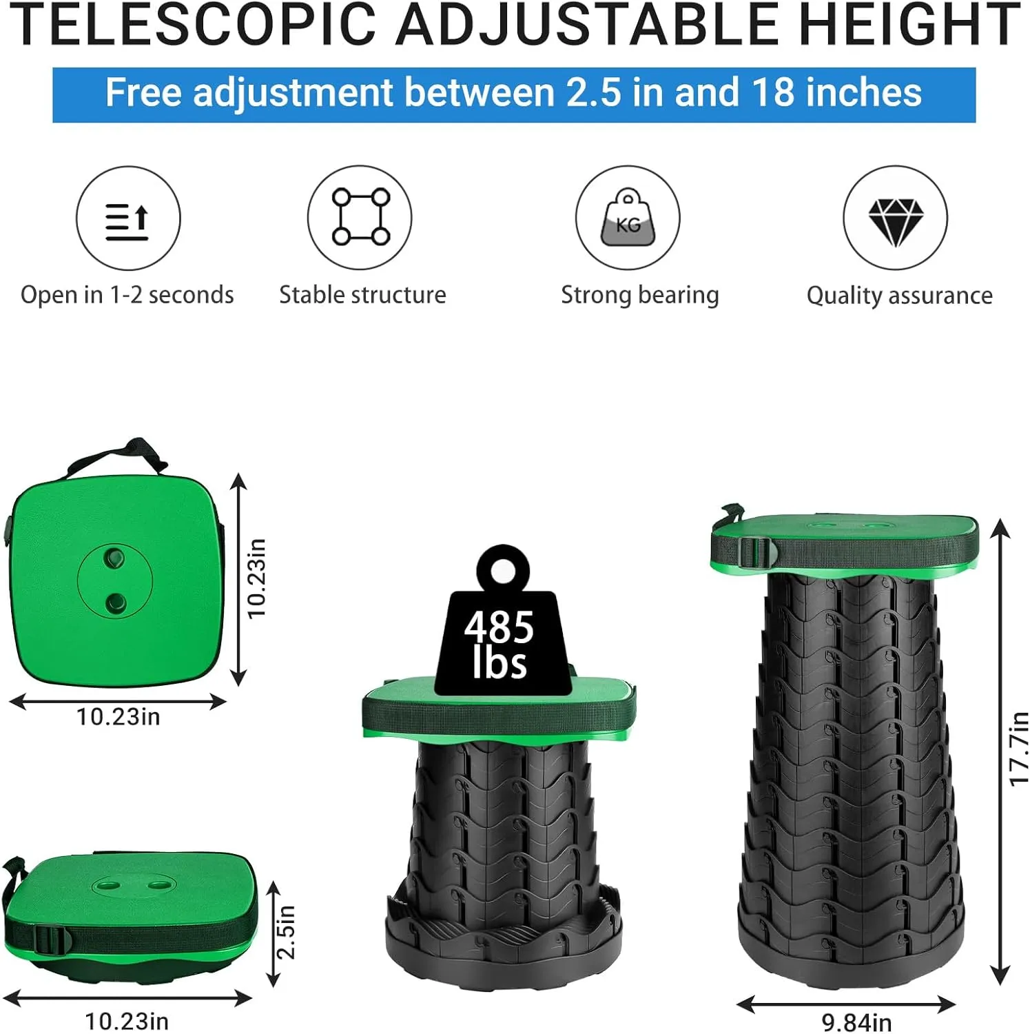 Upgraded Folding Stool - 485lbs Load Capacity,Telescopic Stool,Portable Collapsible Seat for Camping,Fishing,Hiking,Travel