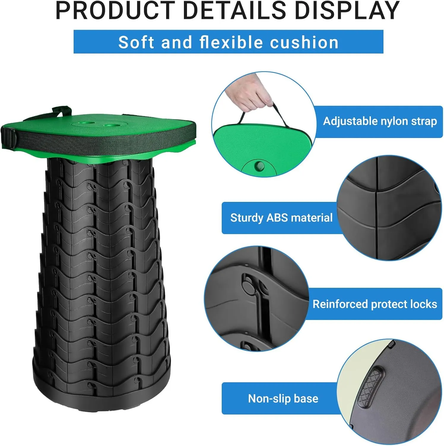 Upgraded Folding Stool - 485lbs Load Capacity,Telescopic Stool,Portable Collapsible Seat for Camping,Fishing,Hiking,Travel