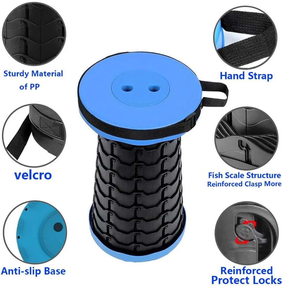 Upgraded Portable Collapsible Folding Stool with Cushion Retractable Telescoping Stool for Adults Sturdy Capacity 400bs Camping Stool for Outdoor Hiking Garden BBQ Fishing (Black)