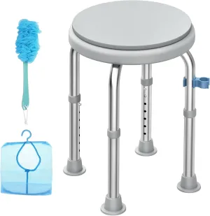 Upgraded Stainless Steel Shower Chair, 370lbs Anti-Slip Round Bath Seat for Elderly & Disabled, Adjustable Height Shower Stool with Shower Loofah & Toiletry Bag, Tool-Free Installation, Gray