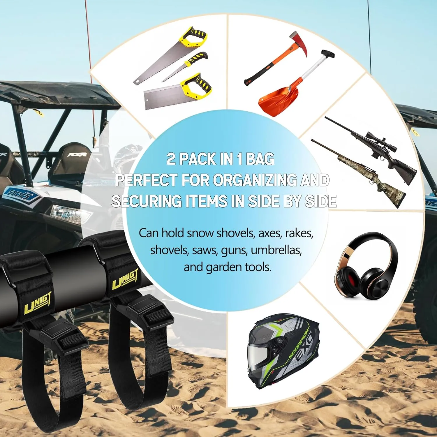 Upgraded UTV Gun Holder for Shovel Rifle Bow, Roll Bar Mount Tool Strap Compatible with Polaris RZR Ranger Can am SXS ATV Boat Lawn Movers - 2 Pack