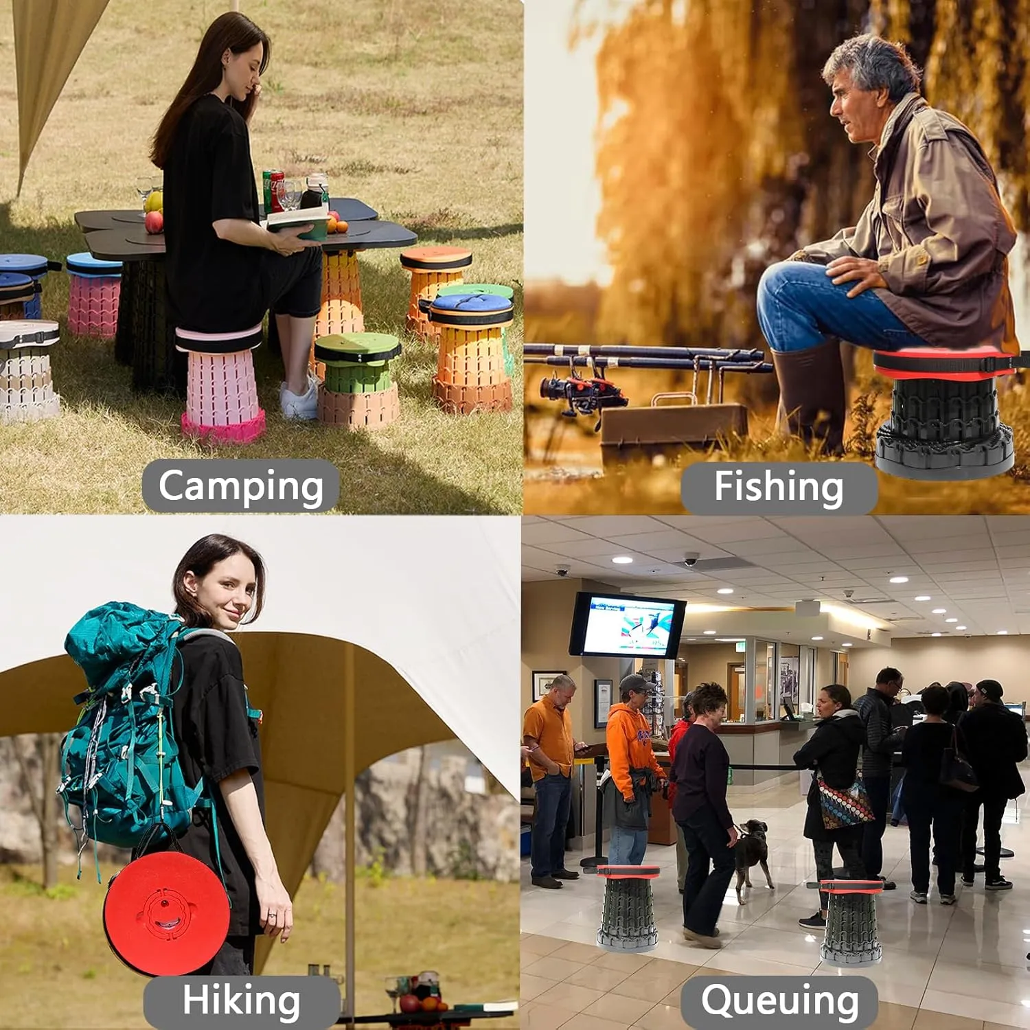 Upgraded XXL Collapsible Stool with Cushion,19.7"H-11.8"D Telescoping Folding Stool for Adults,More Sturdy Portable Camping Stools with Load Capacity 1000lbs for Outdoor,Garden,Fishing,Hiking