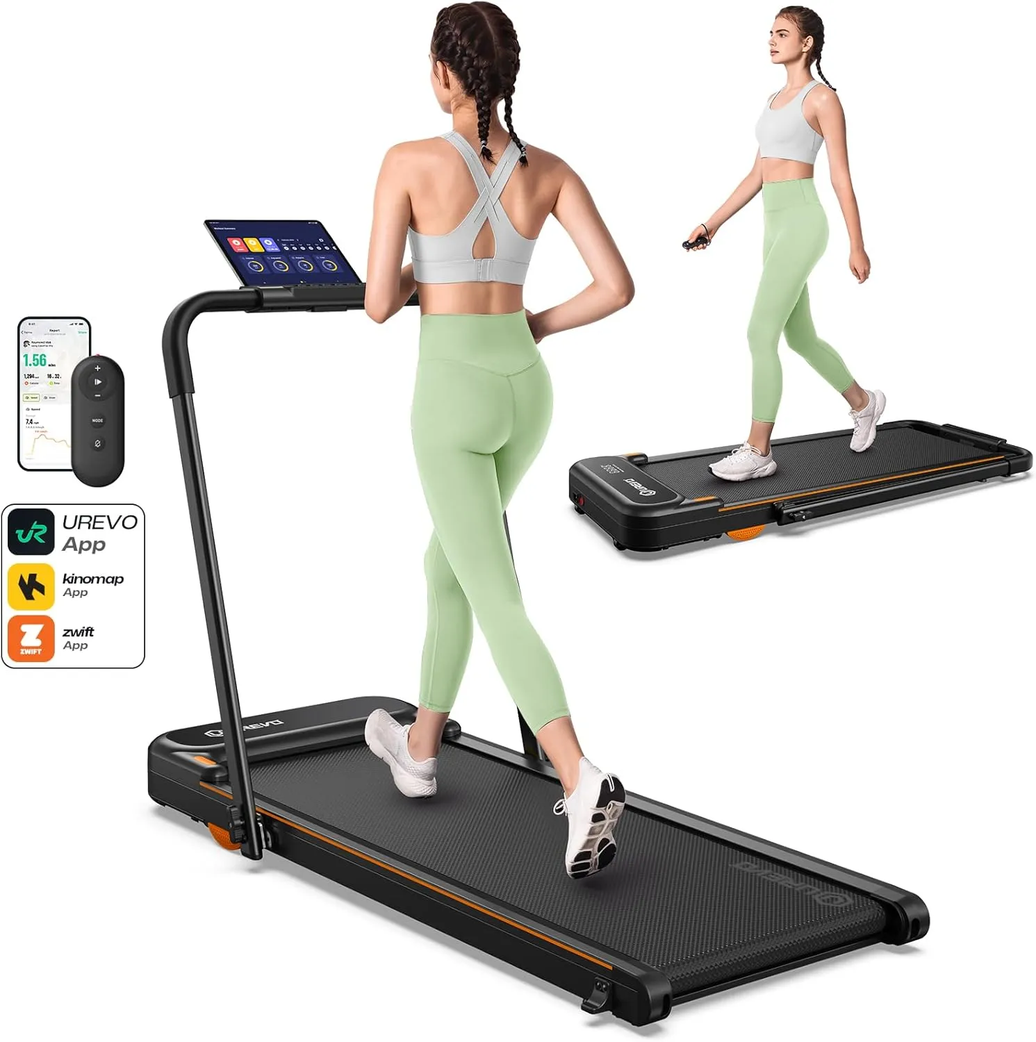UREVO Smart 2-in-1 Folding Treadmill, Compact Walking Pad with Safety Handle, Plug and Play, Dual LED Display, Workout APP, Walking or Running for Home Office, Remote Included