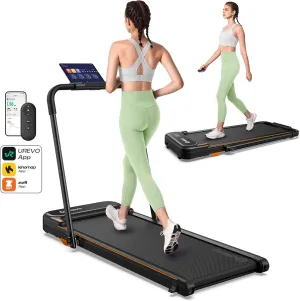 UREVO Smart 2-in-1 Folding Treadmill, Compact Walking Pad with Safety Handle, Plug and Play, Dual LED Display, Workout APP, Walking or Running for Home Office, Remote Included