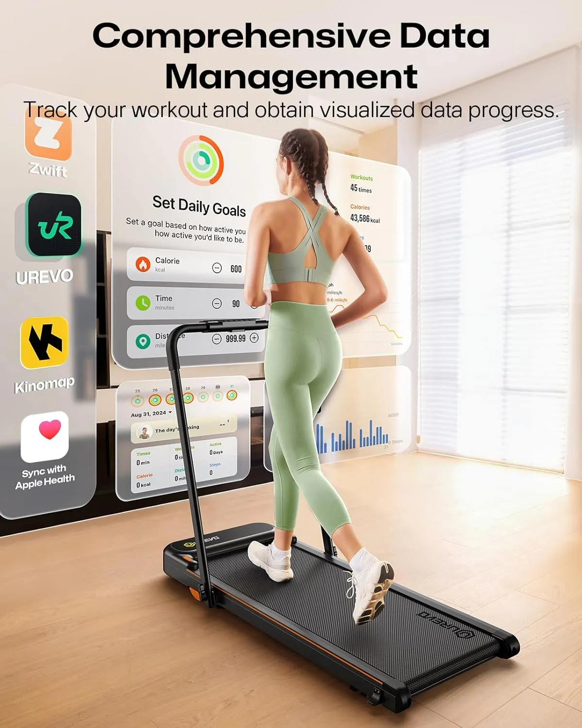 UREVO Smart 2-in-1 Folding Treadmill, Compact Walking Pad with Safety Handle, Plug and Play, Dual LED Display, Workout APP, Walking or Running for Home Office, Remote Included