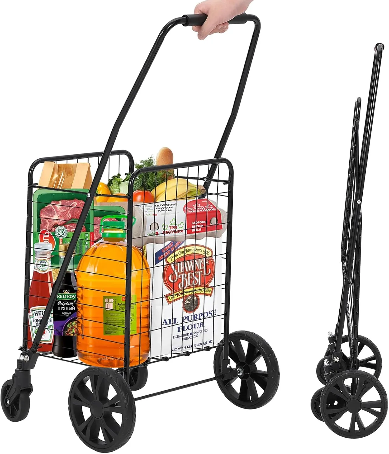 Utility Cart with Wheels to Be Used for Shopping, Grocery, Luggage, Picnic, Folding Shopping Cart with 22 Gallon Large Basket, 360° Swivel Wheels, 110 LBS Large Capacity, Black