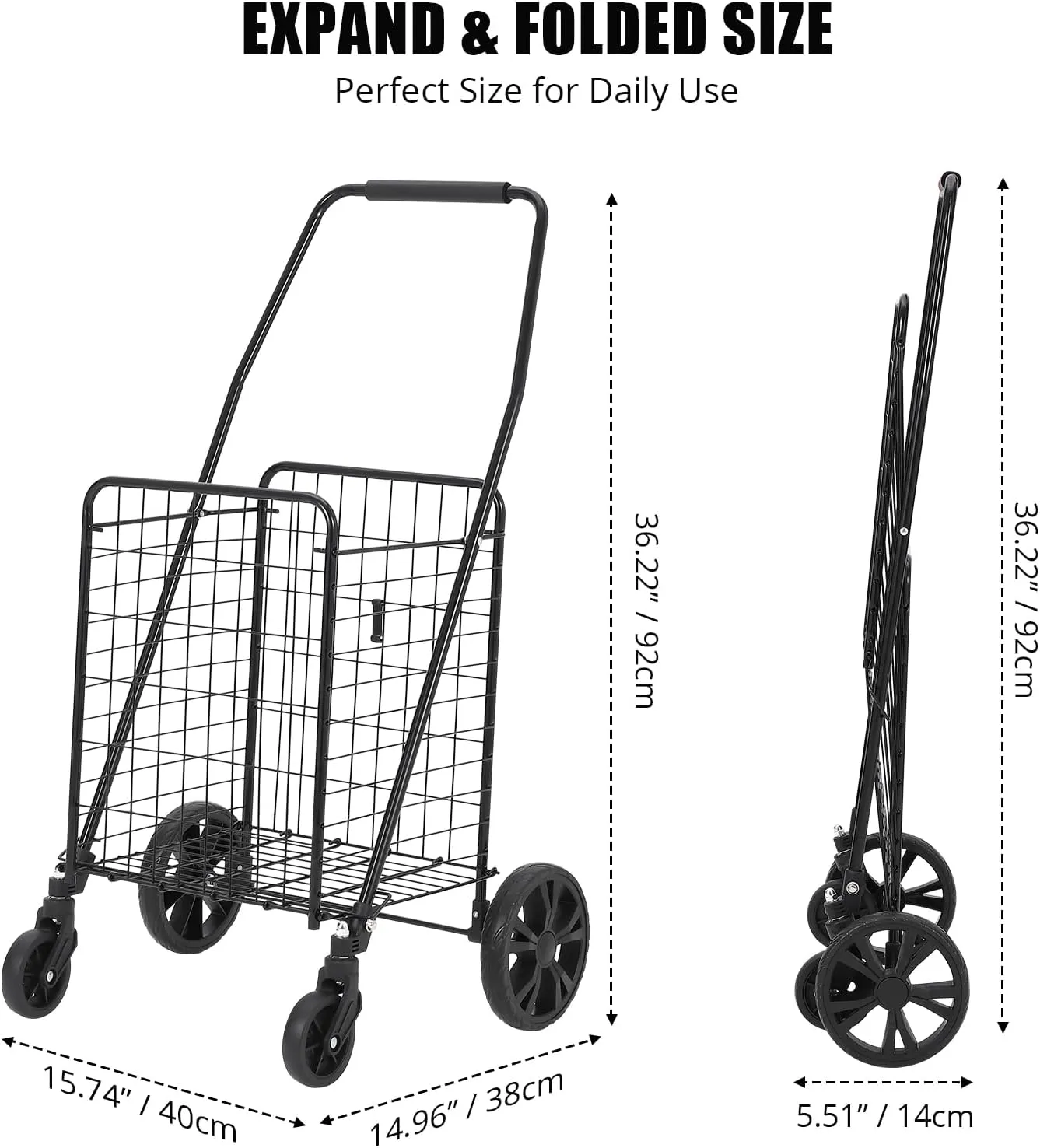 Utility Cart with Wheels to Be Used for Shopping, Grocery, Luggage, Picnic, Folding Shopping Cart with 22 Gallon Large Basket, 360° Swivel Wheels, 110 LBS Large Capacity, Black