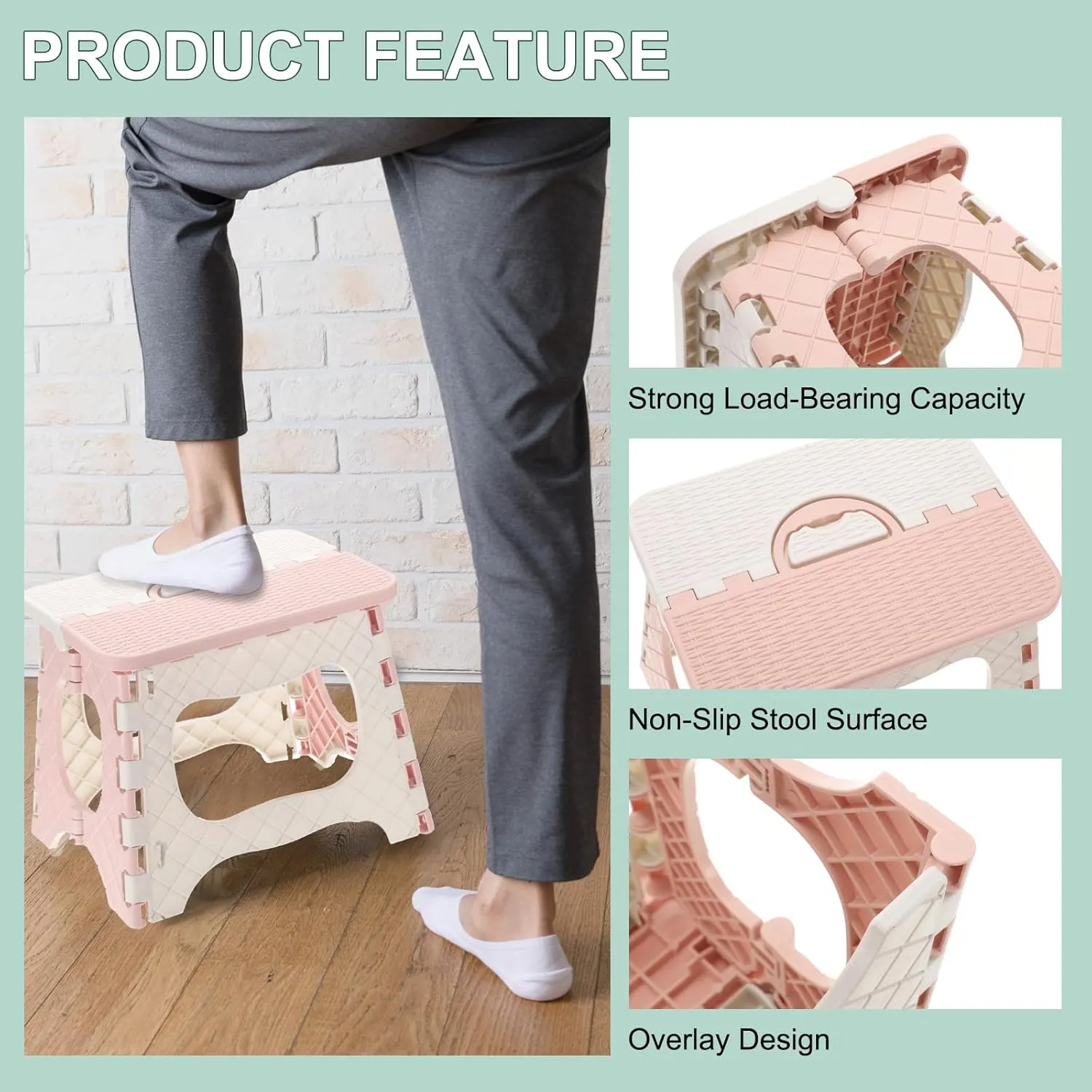 uxcell 8" Folding Step Stool for Adults 165 lbs Capacity Non-Slip Step Stool with Handle Collapsible Foot Stools, Pink Small Stepping Stool for Bathroom, Bedroom, Kitchen