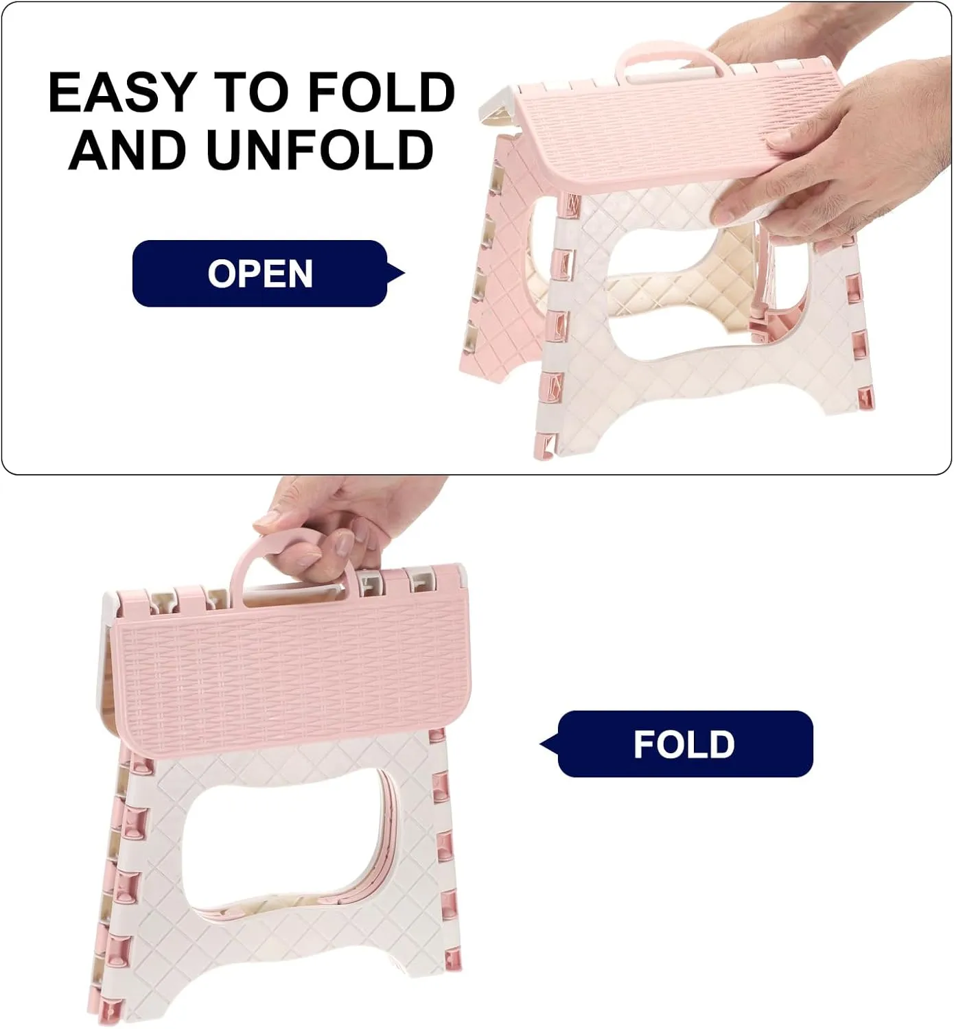 uxcell 8" Folding Step Stool for Adults 165 lbs Capacity Non-Slip Step Stool with Handle Collapsible Foot Stools, Pink Small Stepping Stool for Bathroom, Bedroom, Kitchen