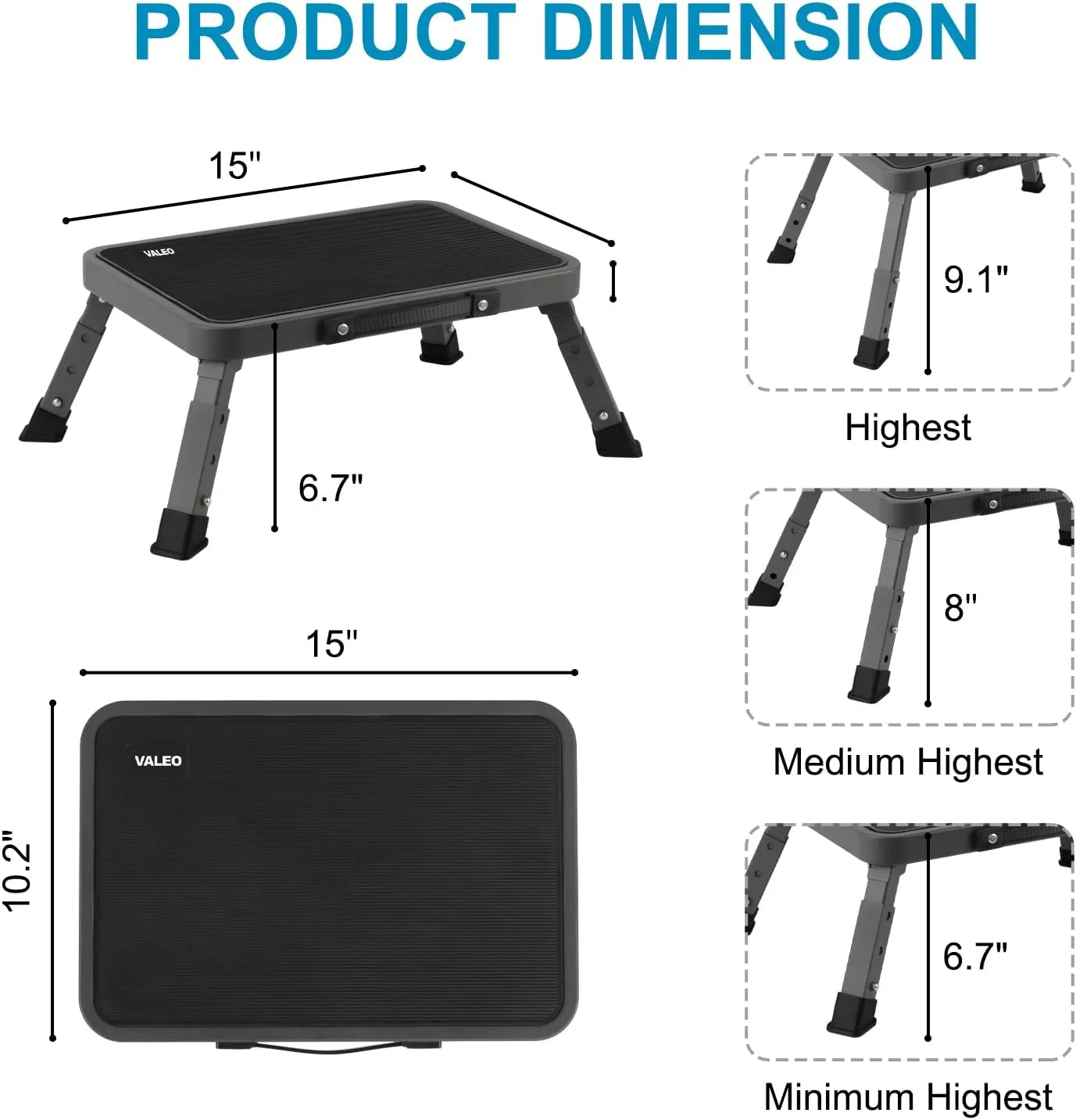 Valeo Folding Step Stool, Adjustable Step Stool with Non-Slip Platform, 330 Lbs Capacity, Step Ladder for Adults or Kids in Kitchen, Bathroom, RV, Camping, Office, Black