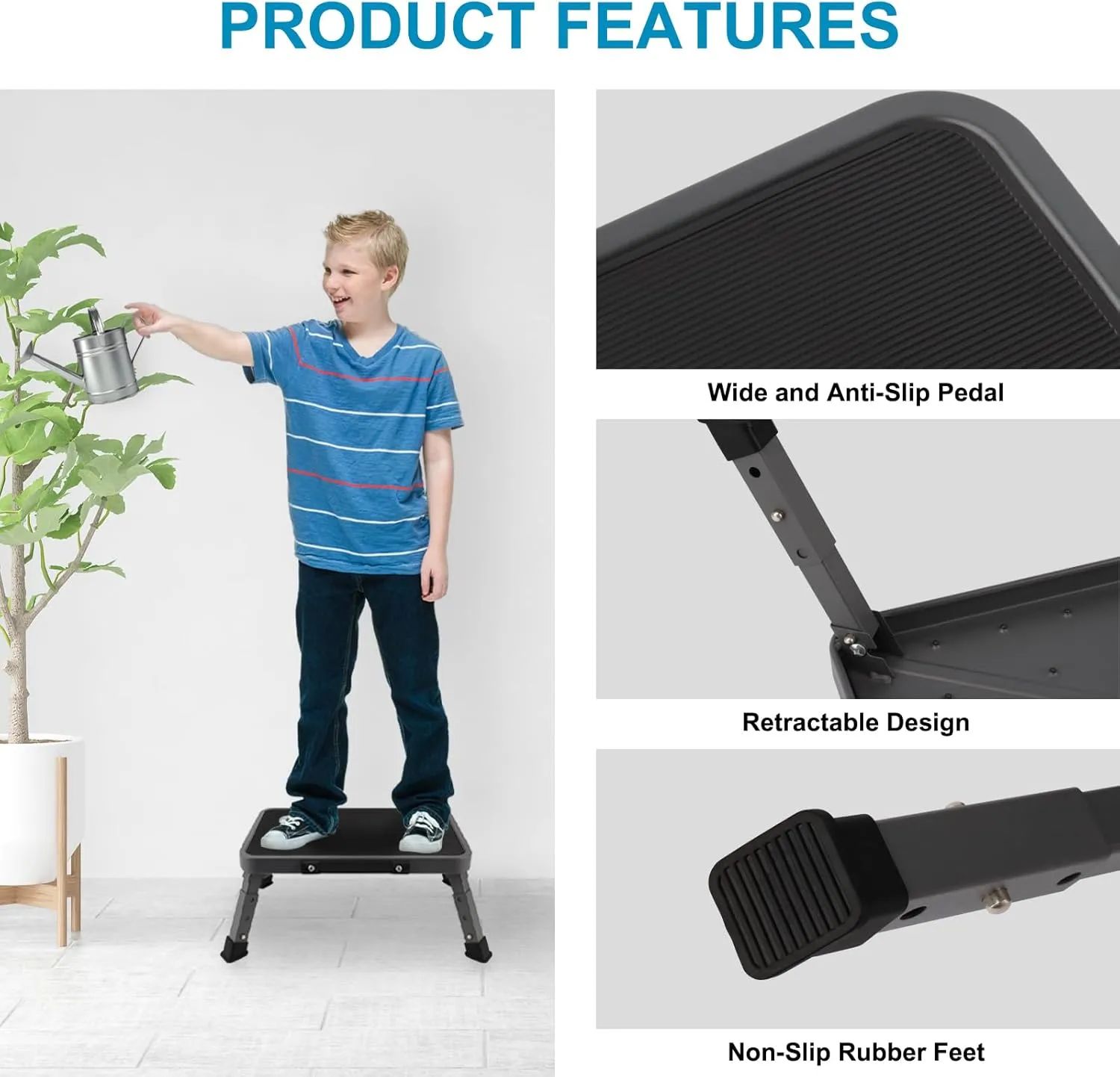 Valeo Folding Step Stool, Adjustable Step Stool with Non-Slip Platform, 330 Lbs Capacity, Step Ladder for Adults or Kids in Kitchen, Bathroom, RV, Camping, Office, Black