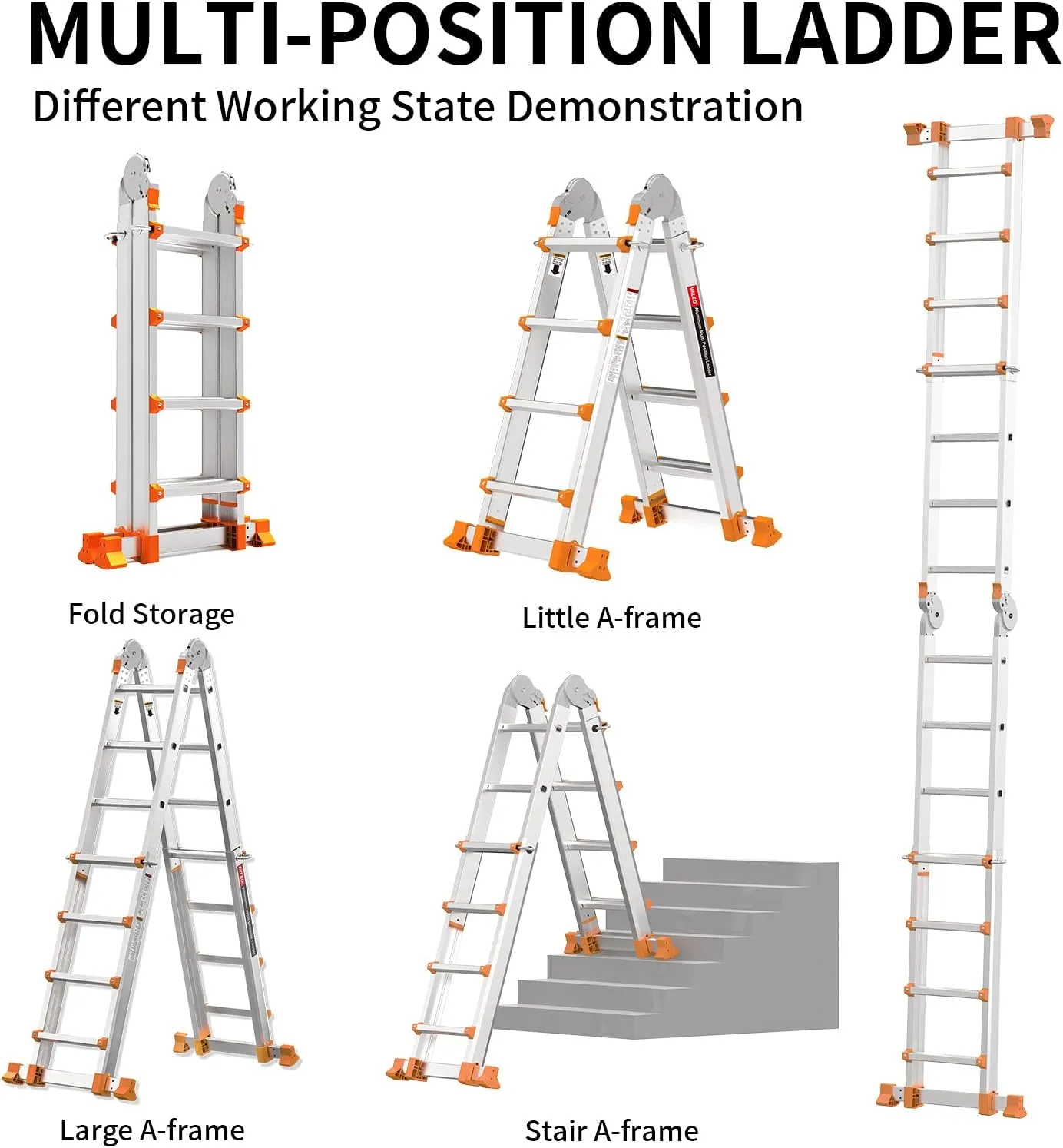 Valeo Ladder 14FT, Multi Position 4 Step Ladder Extension, Anti-Slip A Frame Folding Ladder with Removable Tool Tray, 330lbs Adjustable Telescopic Aluminum Ladders for Stairs Home Indoor Outdoor Roof