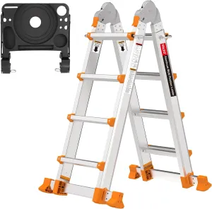 Valeo Ladder 14FT, Multi Position 4 Step Ladder Extension, Anti-Slip A Frame Folding Ladder with Removable Tool Tray, 330lbs Adjustable Telescopic Aluminum Ladders for Stairs Home Indoor Outdoor Roof