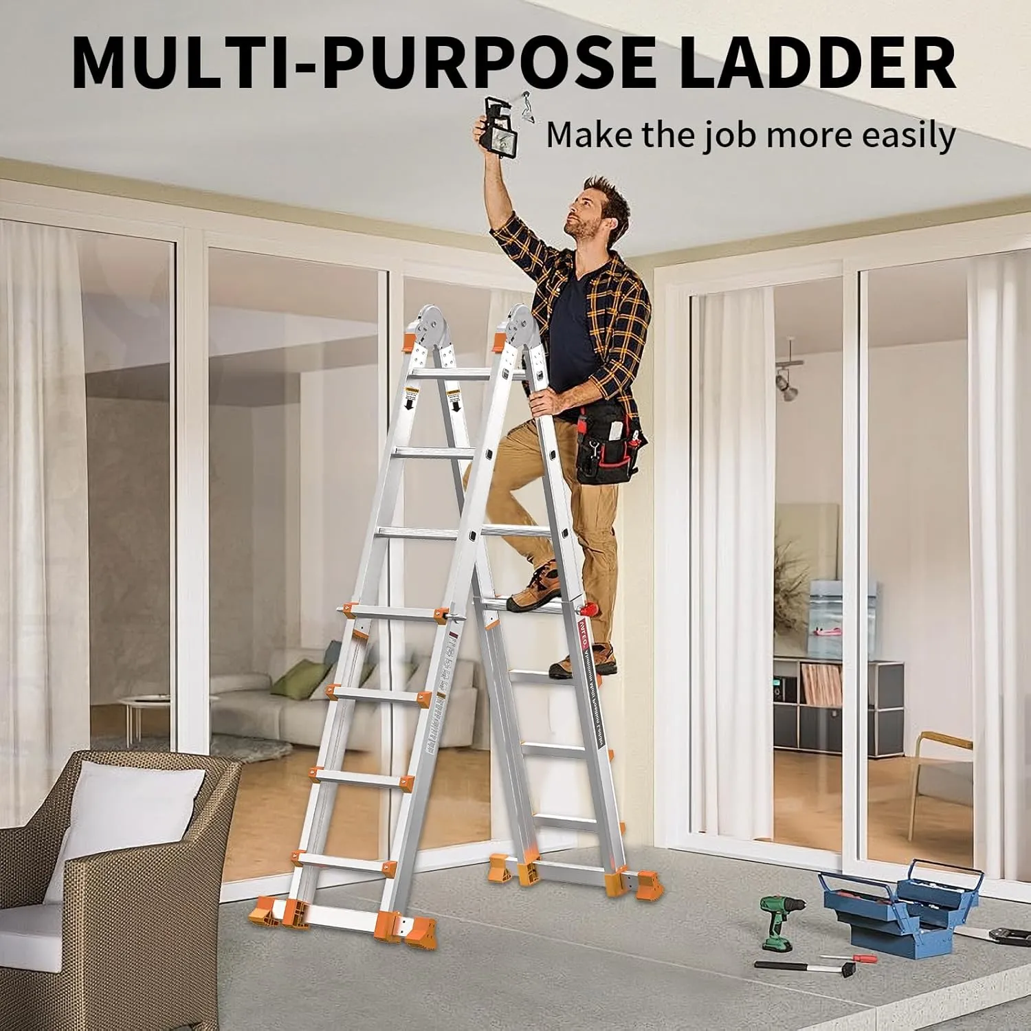 Valeo Ladder 14FT, Multi Position 4 Step Ladder Extension, Anti-Slip A Frame Folding Ladder with Removable Tool Tray, 330lbs Adjustable Telescopic Aluminum Ladders for Stairs Home Indoor Outdoor Roof