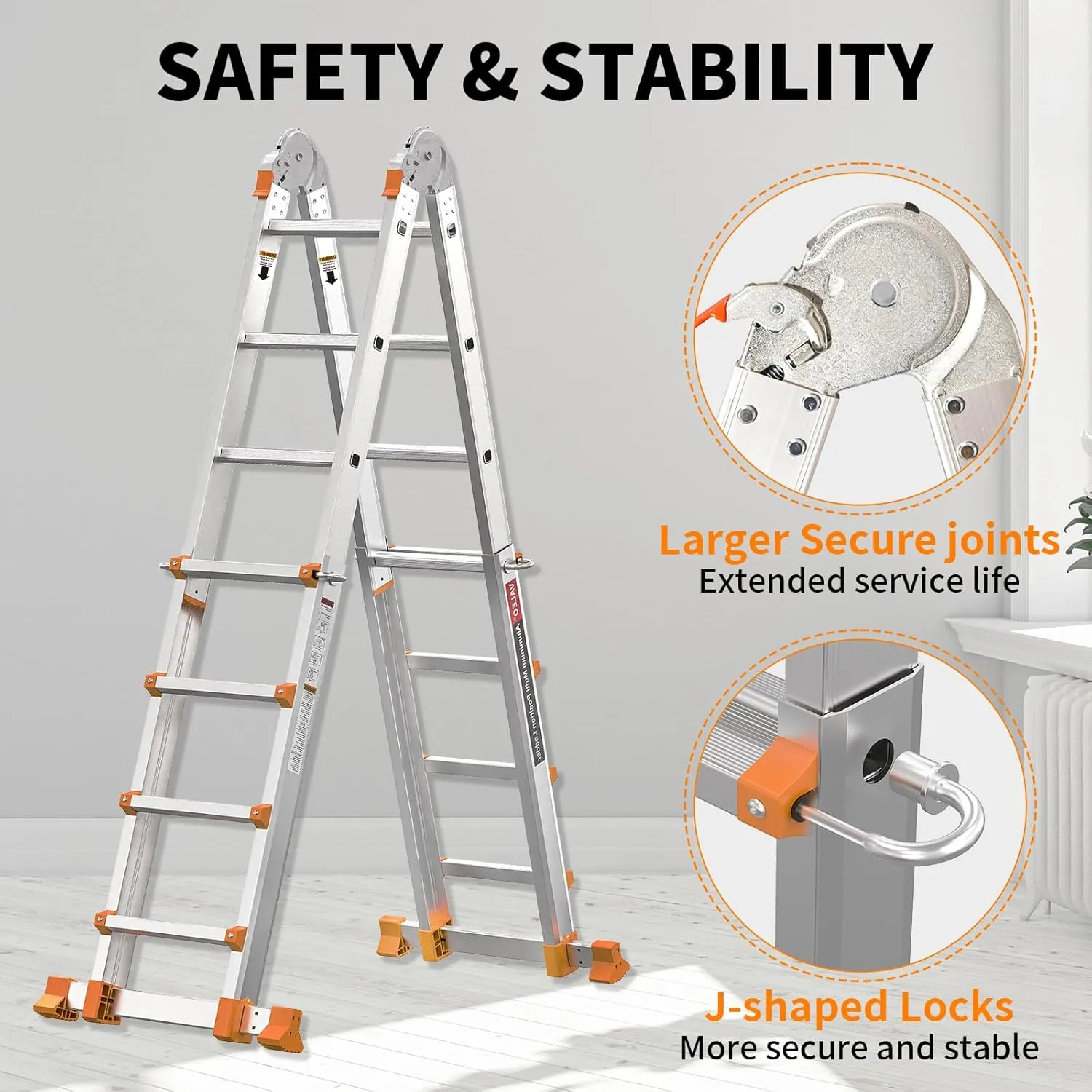 Valeo Ladder 14FT, Multi Position 4 Step Ladder Extension, Anti-Slip A Frame Folding Ladder with Removable Tool Tray, 330lbs Adjustable Telescopic Aluminum Ladders for Stairs Home Indoor Outdoor Roof