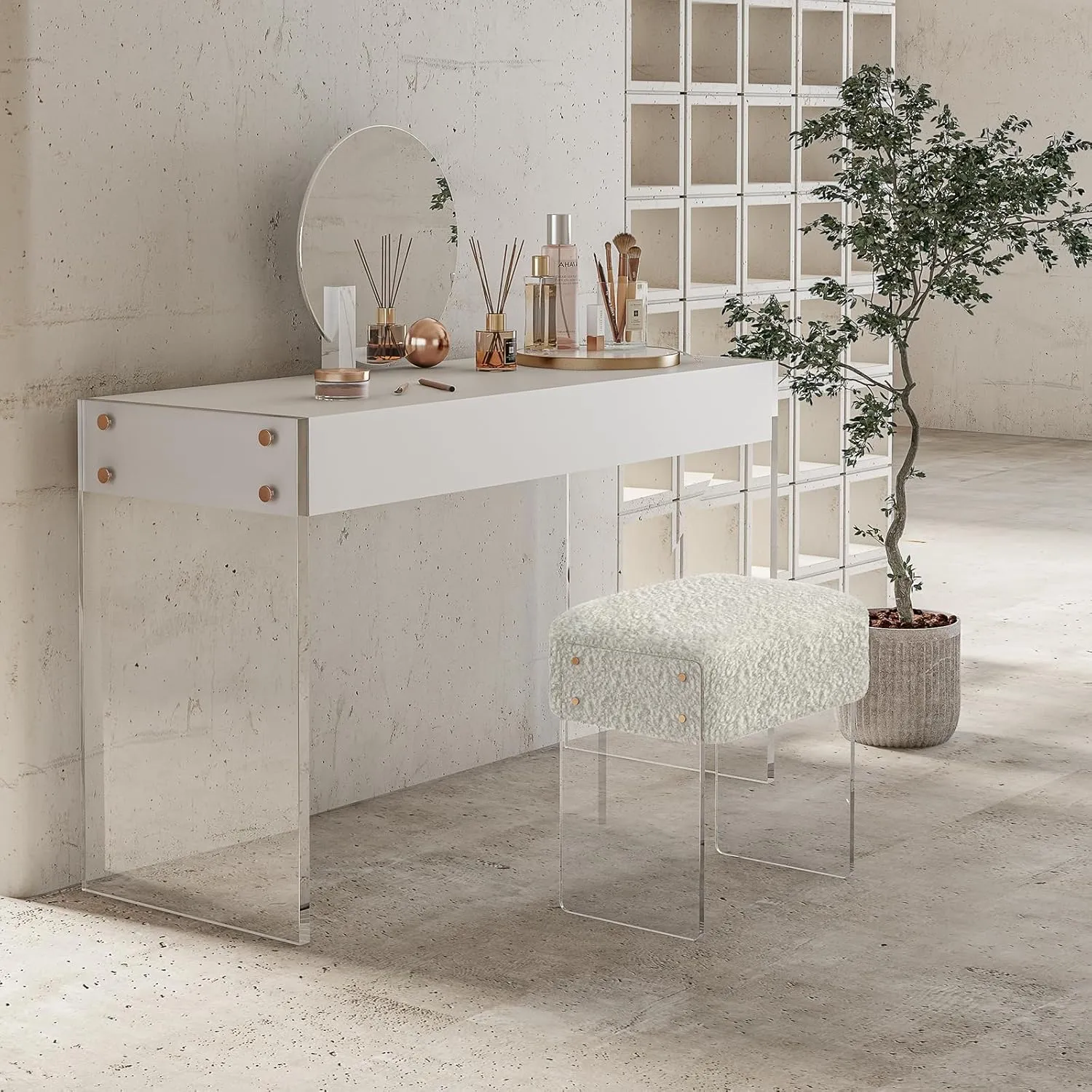 Vanity Stool Chair and Pouf Ottoman-Modern Multifunctional Vanity Stool and Foot Rest with Wool and Acrylic Leg for Makeup Room, Living Room, Bedroom