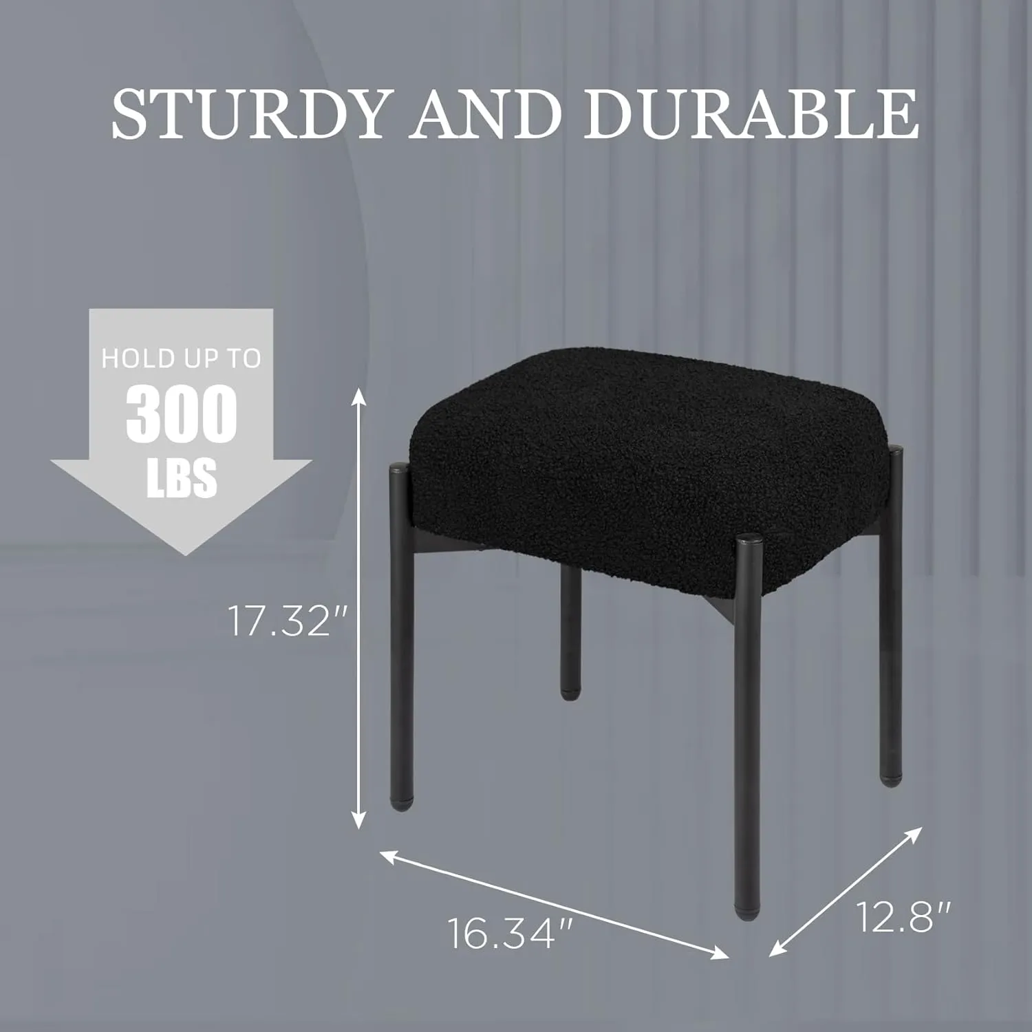 Vanity Stool Chair Faux Fur, 16.3"L x 12.8"W x 17.3"H Soft Ottoman, Makeup Chair Bench Furry Padded Seat with 4 Metal Legs, Footstool Multifunctional Chairs for Bedroom, Living Room, Black