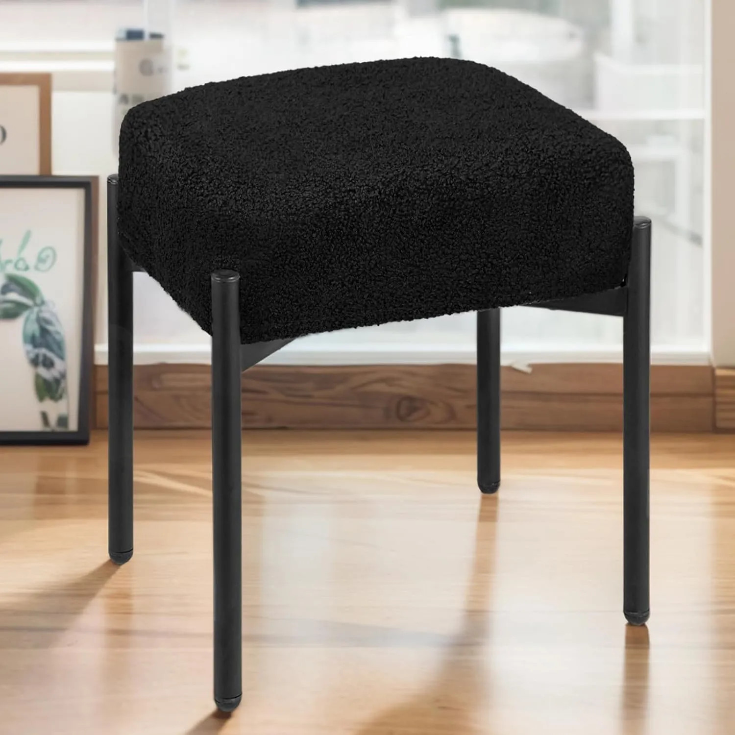 Vanity Stool Chair Faux Fur, 16.3"L x 12.8"W x 17.3"H Soft Ottoman, Makeup Chair Bench Furry Padded Seat with 4 Metal Legs, Footstool Multifunctional Chairs for Bedroom, Living Room, Black