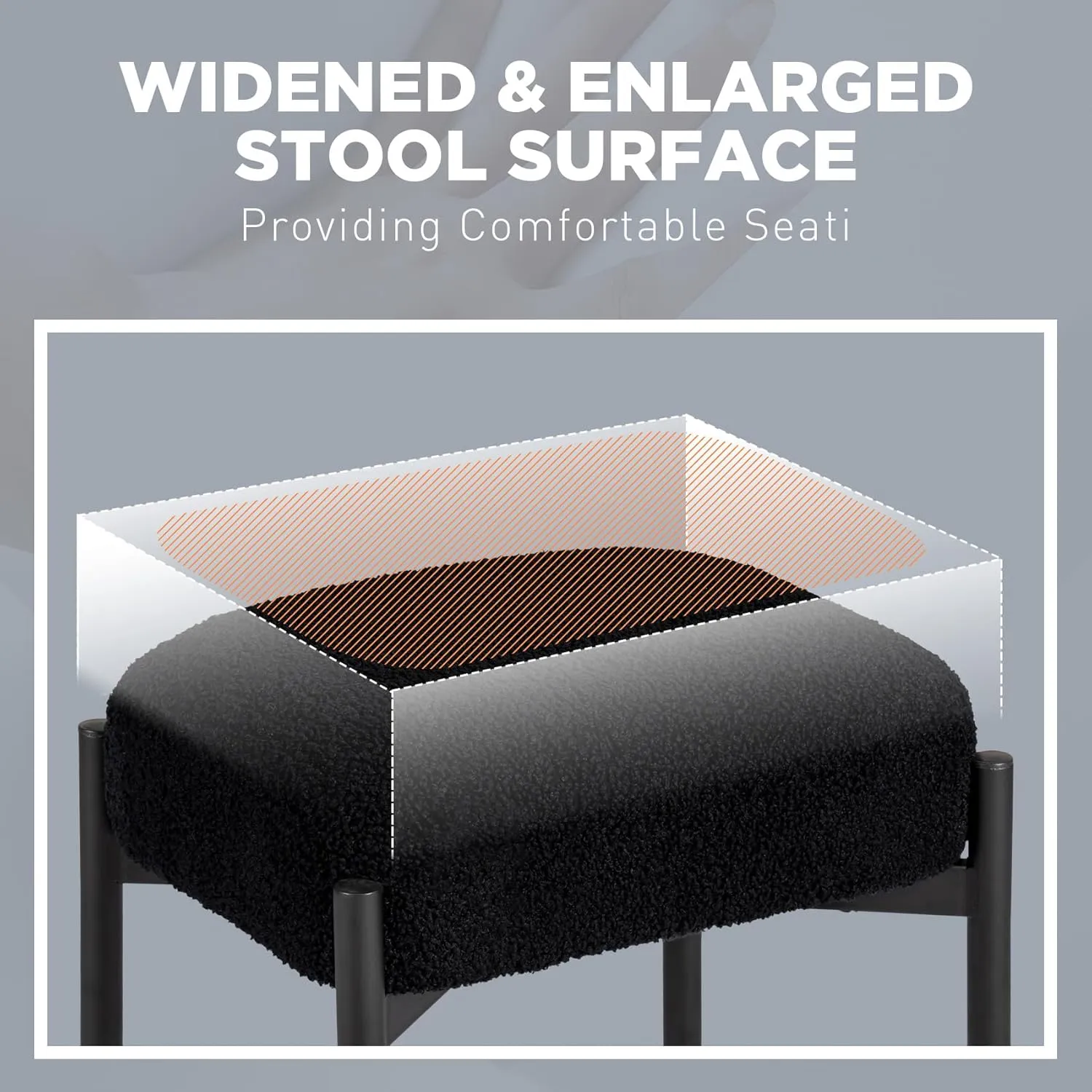Vanity Stool Chair Faux Fur, 16.3"L x 12.8"W x 17.3"H Soft Ottoman, Makeup Chair Bench Furry Padded Seat with 4 Metal Legs, Footstool Multifunctional Chairs for Bedroom, Living Room, Black