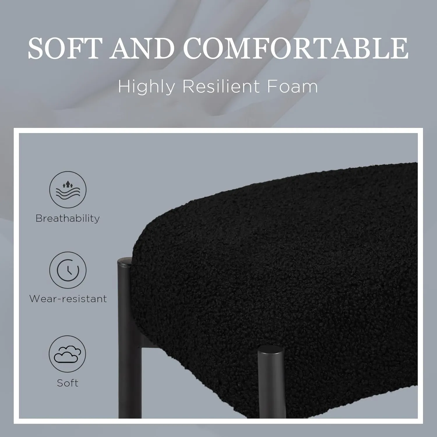 Vanity Stool Chair Faux Fur, 16.3"L x 12.8"W x 17.3"H Soft Ottoman, Makeup Chair Bench Furry Padded Seat with 4 Metal Legs, Footstool Multifunctional Chairs for Bedroom, Living Room, Black