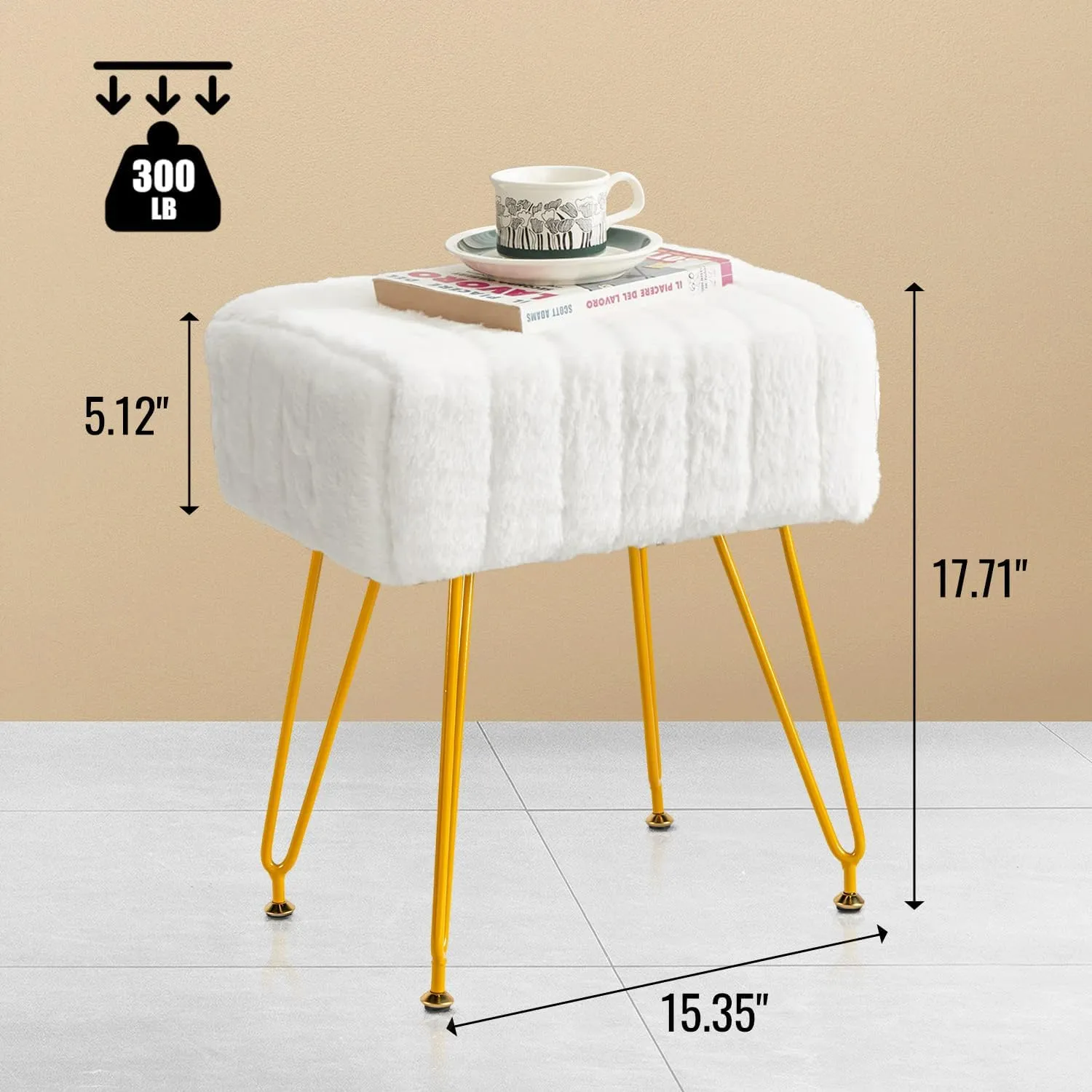 Vanity Stool Chair Faux Fur Vanity Seat Ottoman, Soft Furry Makeup Stool Compact Padded Seat, Modern Decorative Footrest with 4 Metal Legs, White