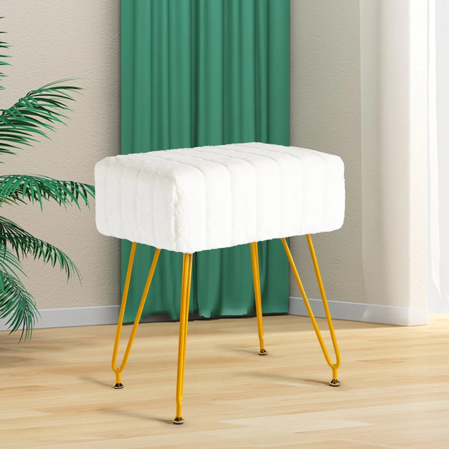 Vanity Stool Chair Faux Fur Vanity Seat Ottoman, Soft Furry Makeup Stool Compact Padded Seat, Modern Decorative Footrest with 4 Metal Legs, White