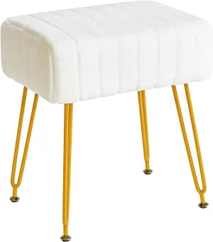 Vanity Stool Chair Faux Fur Vanity Seat Ottoman, Soft Furry Makeup Stool Compact Padded Seat, Modern Decorative Footrest with 4 Metal Legs, White